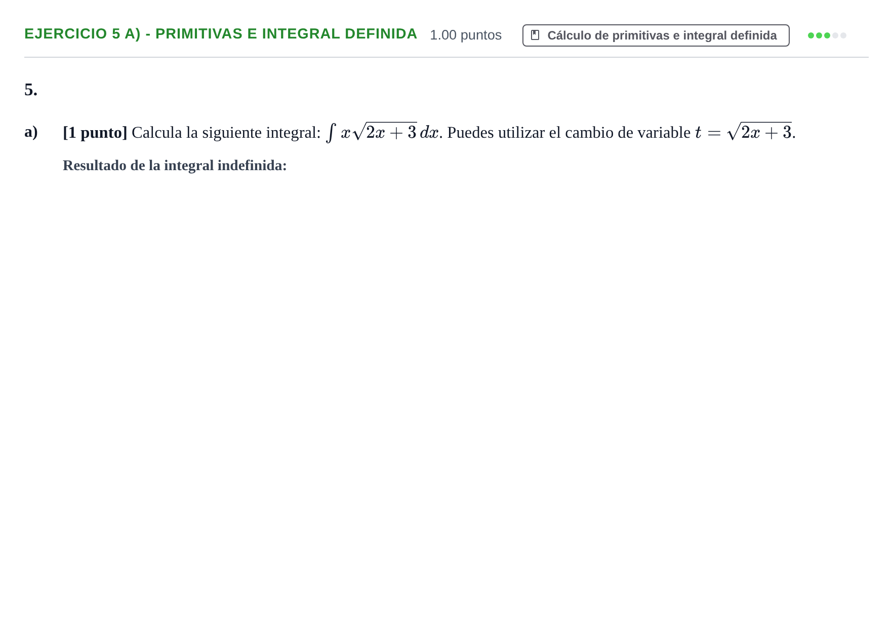 Enunciado: Ejercicio 5 a) - Primitivas e integral definida · Matemáticas II PAU Castilla-La Mancha Ordinaria 2024