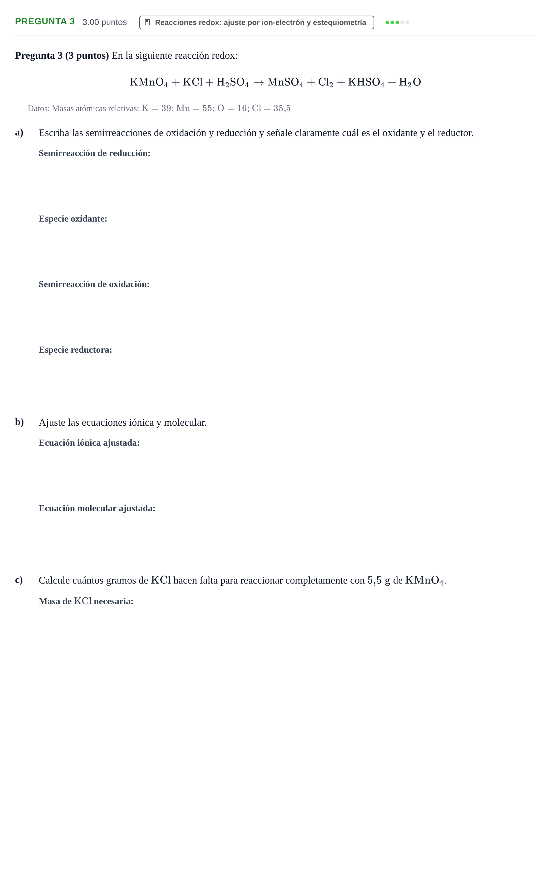 Enunciado: Pregunta 3 · Química PAU Castilla-La Mancha Ordinaria 2024