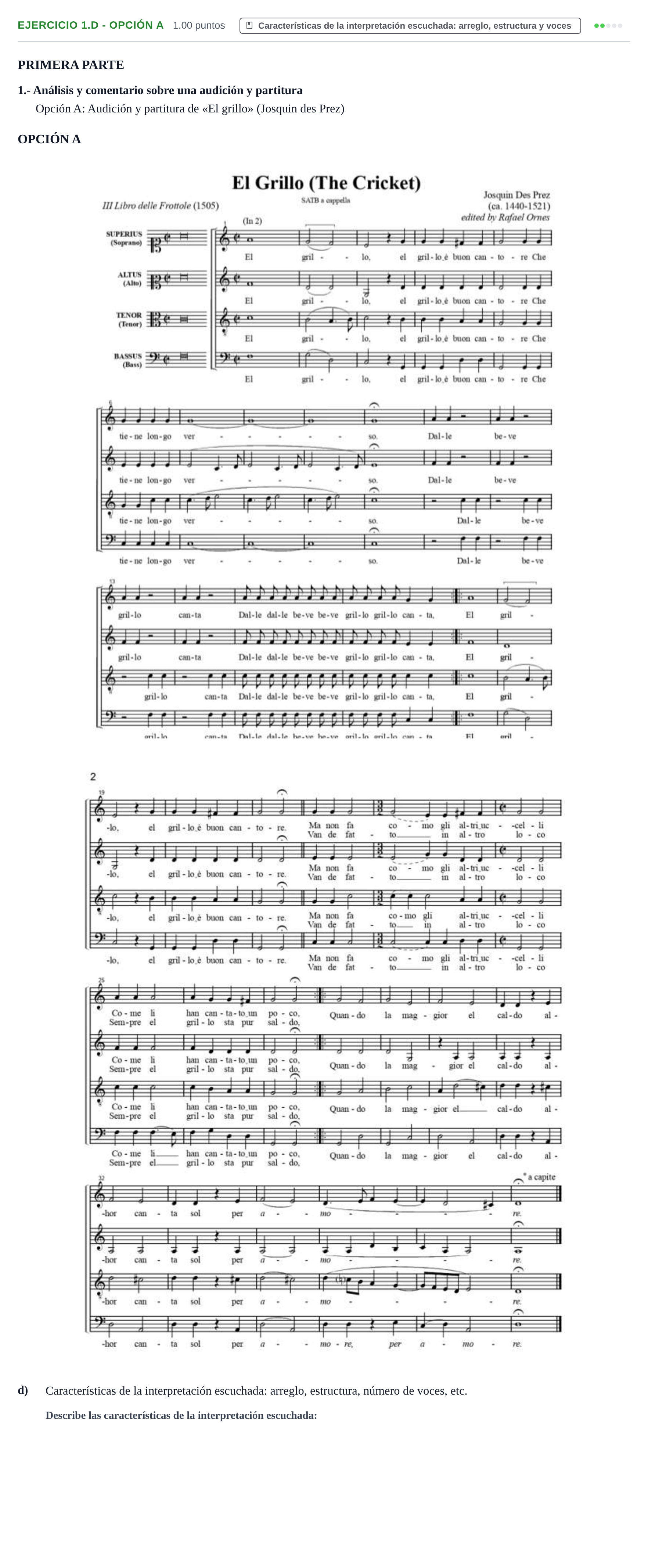 Enunciado: Ejercicio 1.d - Opción A · Coro y Técnica Vocal PAU Castilla-La Mancha Extraordinaria 2024