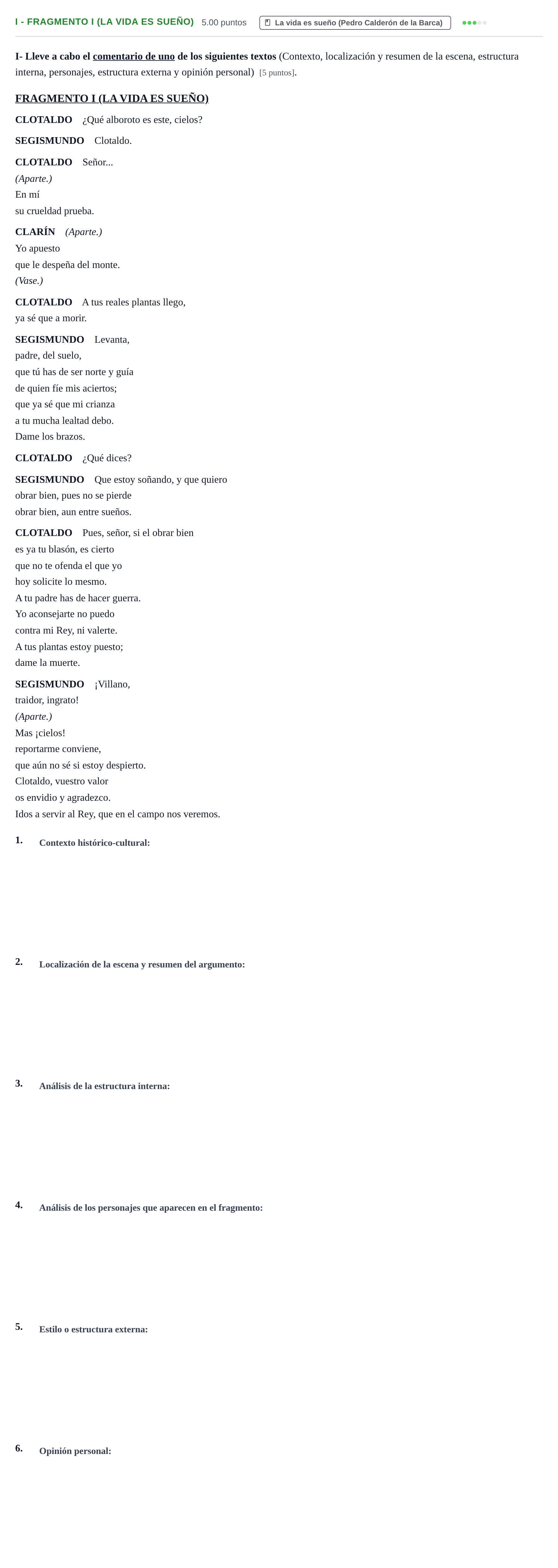 Enunciado: Ejercicio I - Fragmento I (La vida es sueño) · Literatura Dramática PAU Castilla-La Mancha Extraordinaria 2024