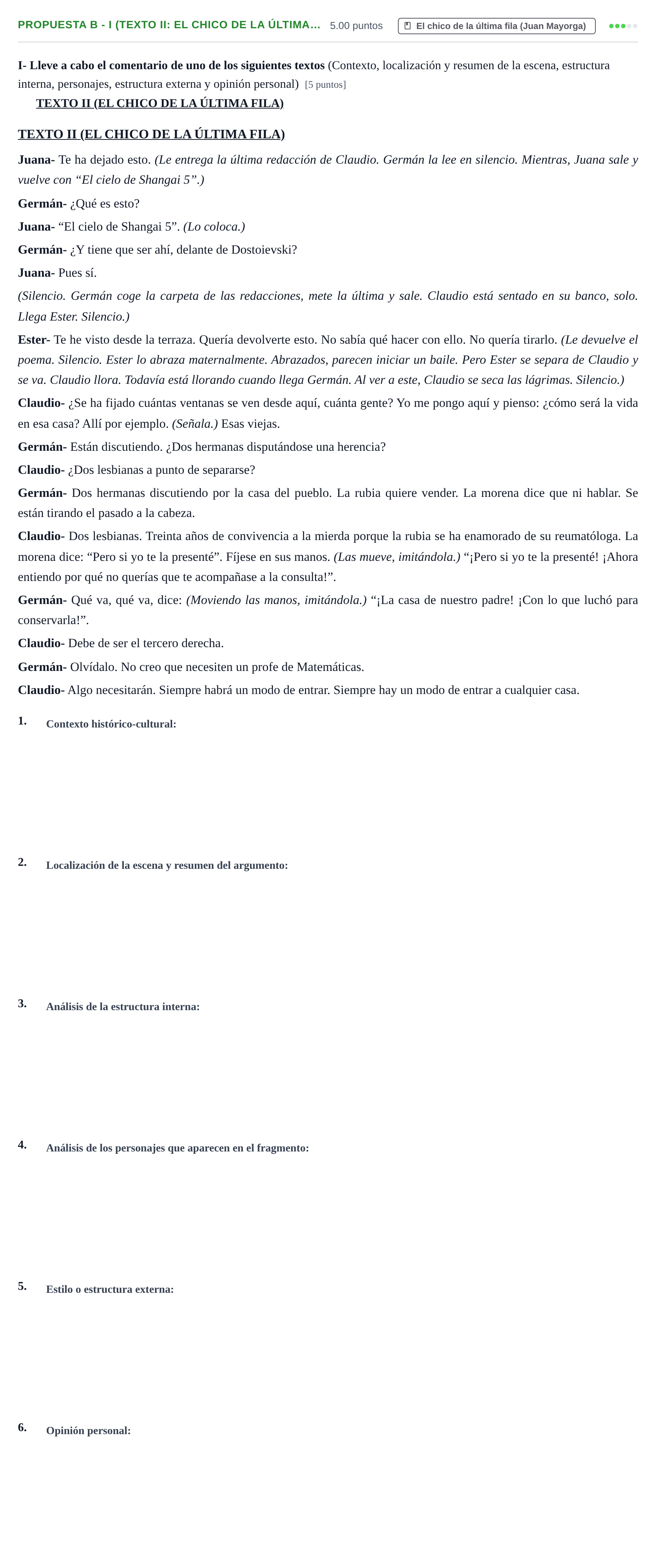 Enunciado: Ejercicio Propuesta B - I (Texto II: El chico de la última… · Literatura Dramática PAU Castilla-La Mancha Ordinaria 2024