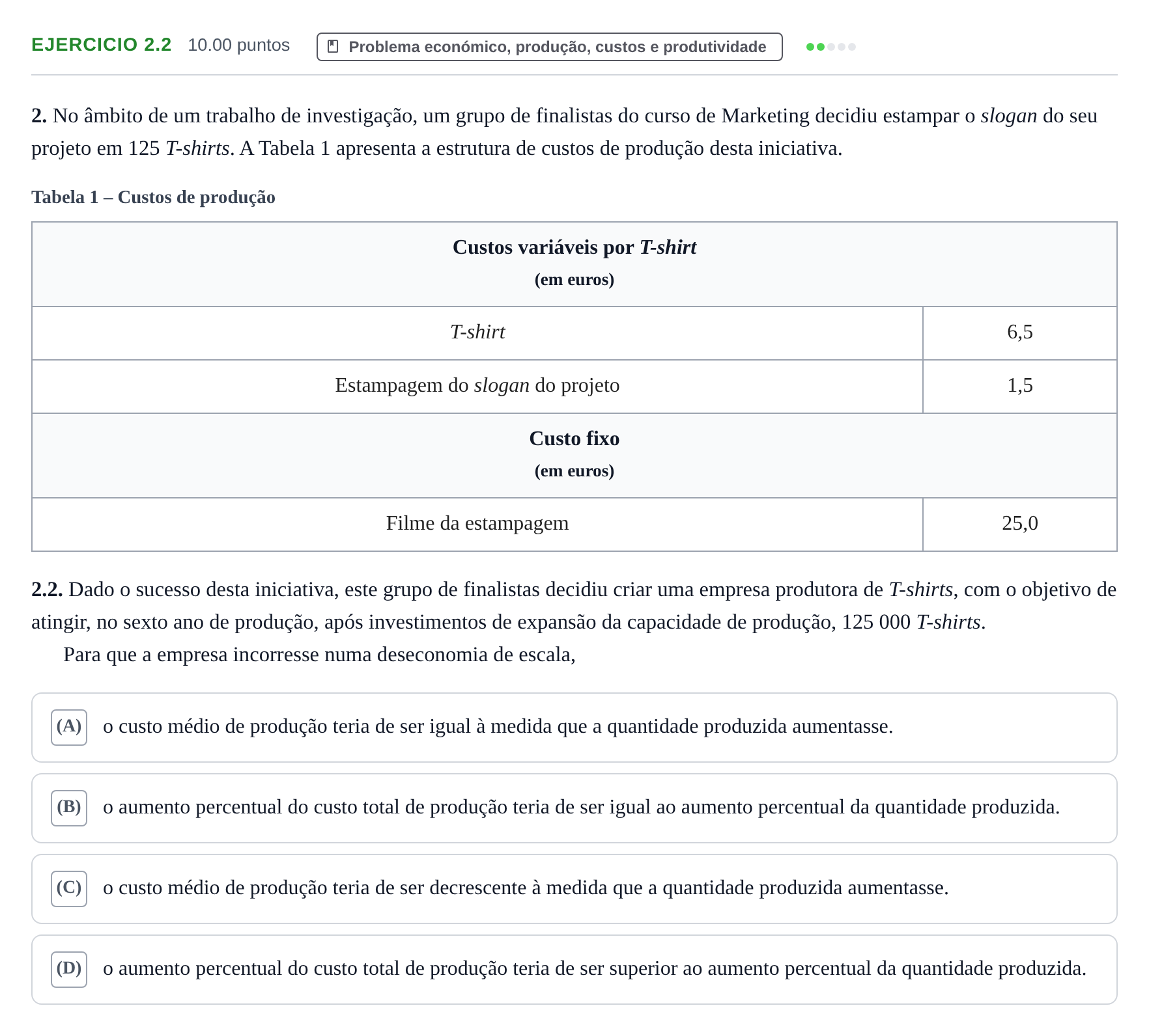 Enunciado: Exercício 2.2 · Exame Nacional Economia A Época especial 2024