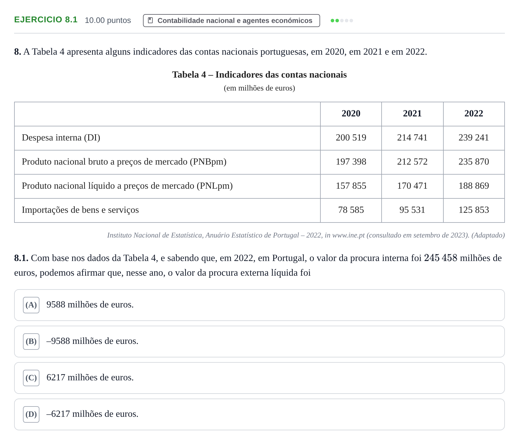 Enunciado: Exercício 8.1 · Exame Nacional Economia A Época especial 2024