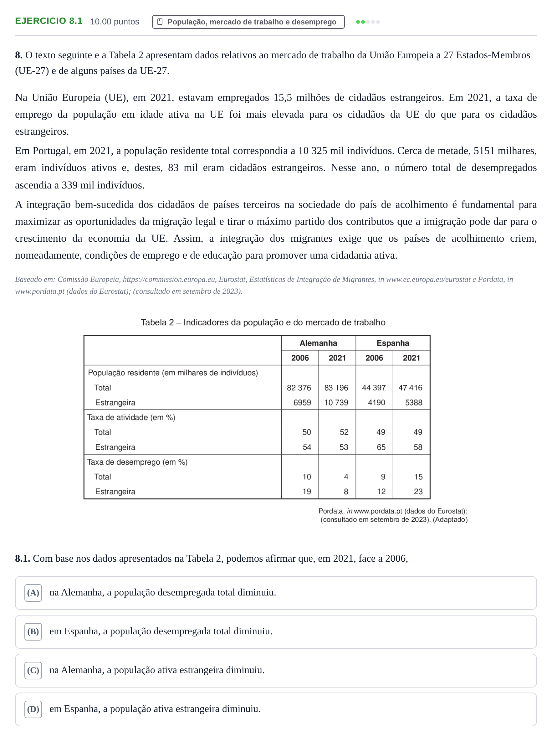 Enunciado: Exercício 8.1 · Exame Nacional Economia A 1.ª fase 2024