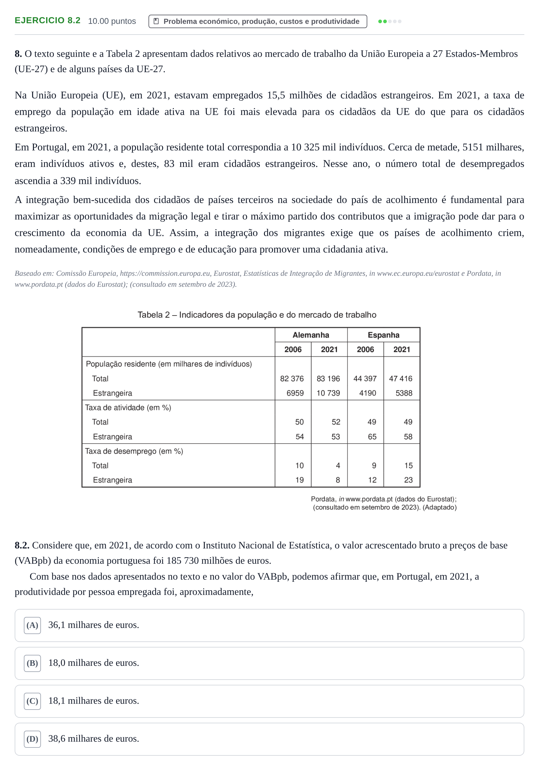 Enunciado: Exercício 8.2 · Exame Nacional Economia A 1.ª fase 2024