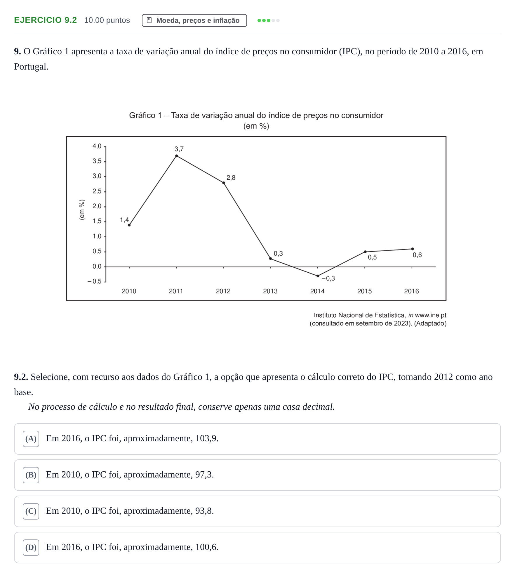 Enunciado: Exercício 9.2 · Exame Nacional Economia A 1.ª fase 2024