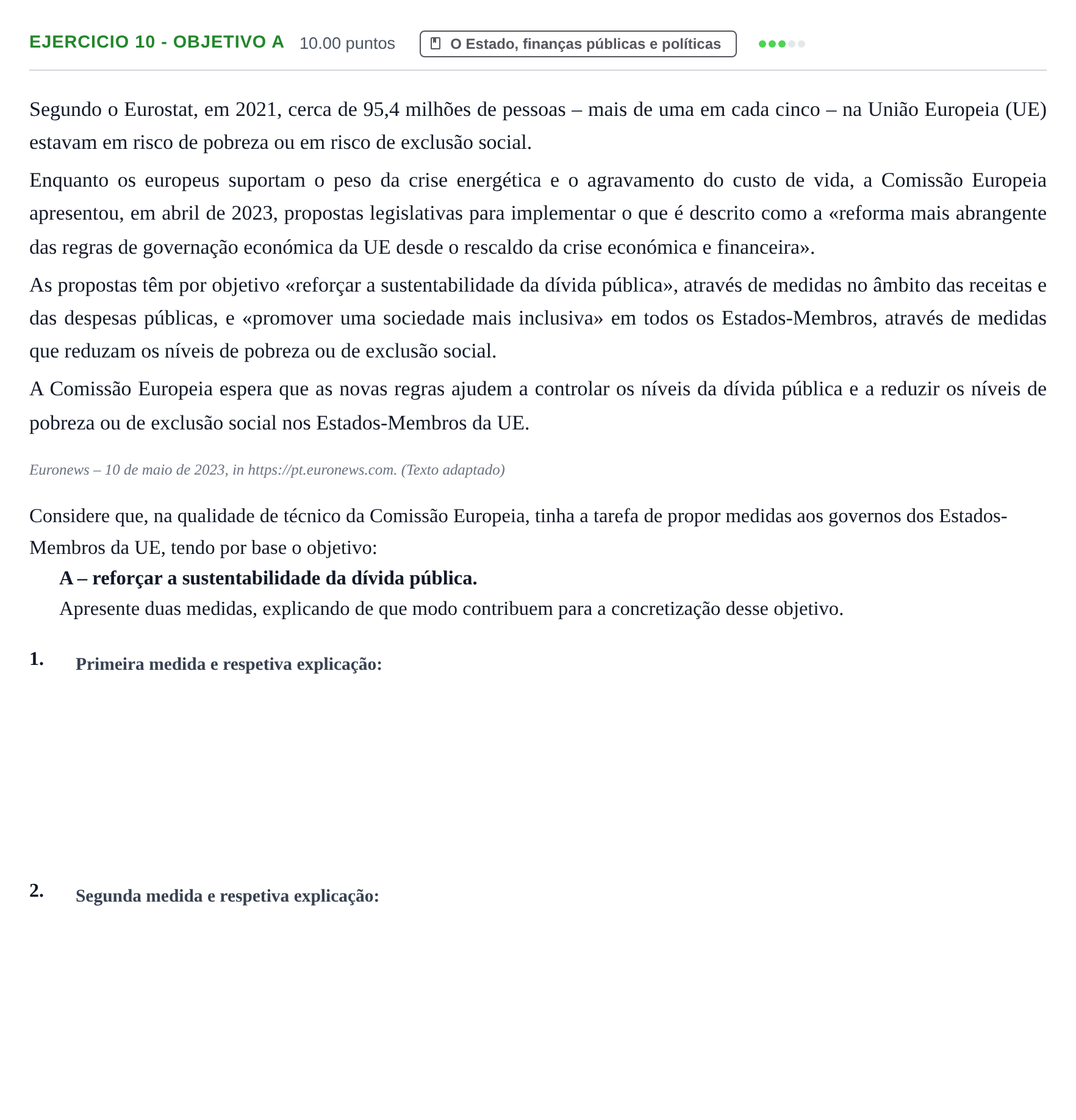 Enunciado: Exercício 10 - Objetivo A · Exame Nacional Economia A 2.ª fase 2024