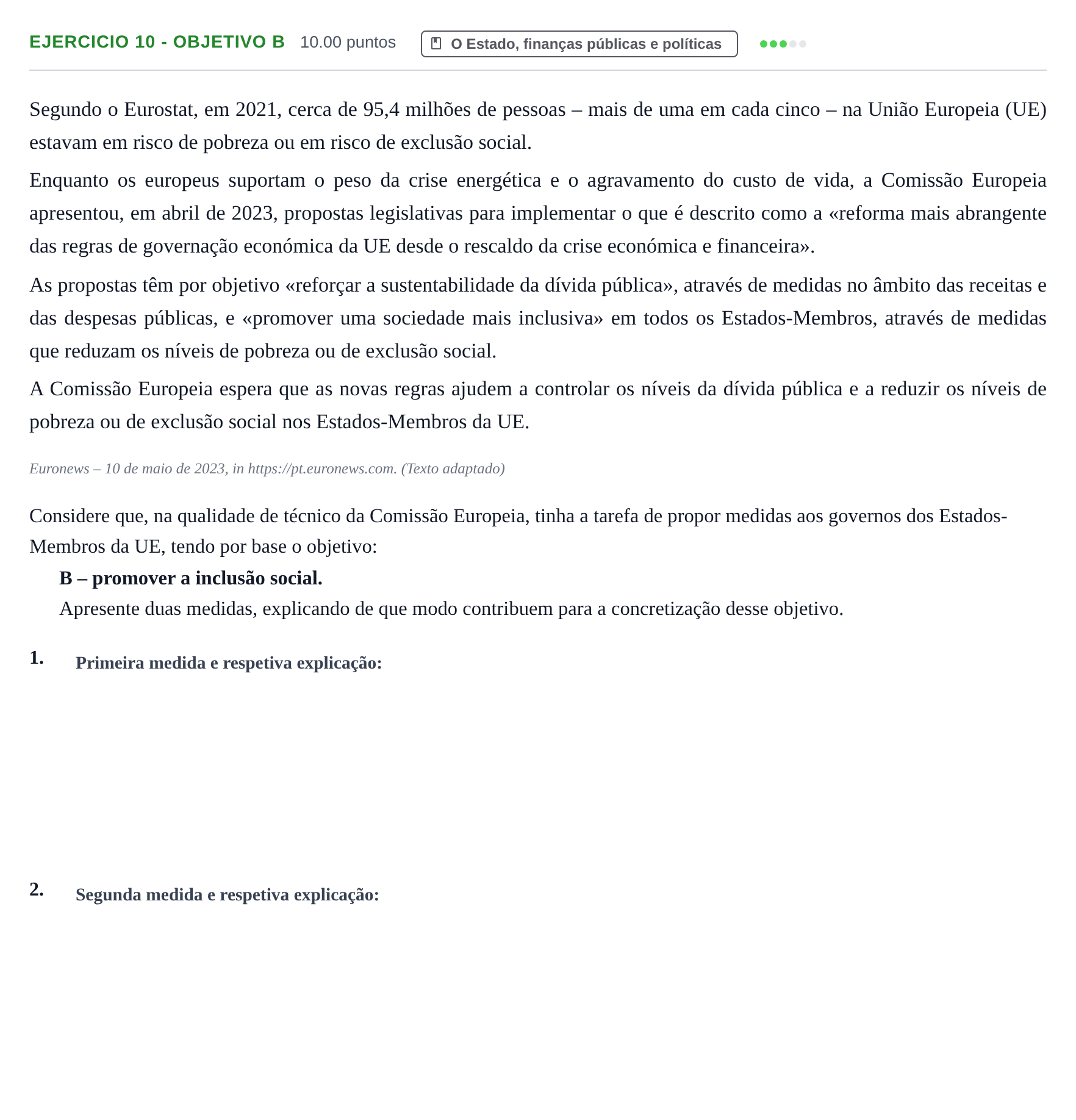Enunciado: Exercício 10 - Objetivo B · Exame Nacional Economia A 2.ª fase 2024