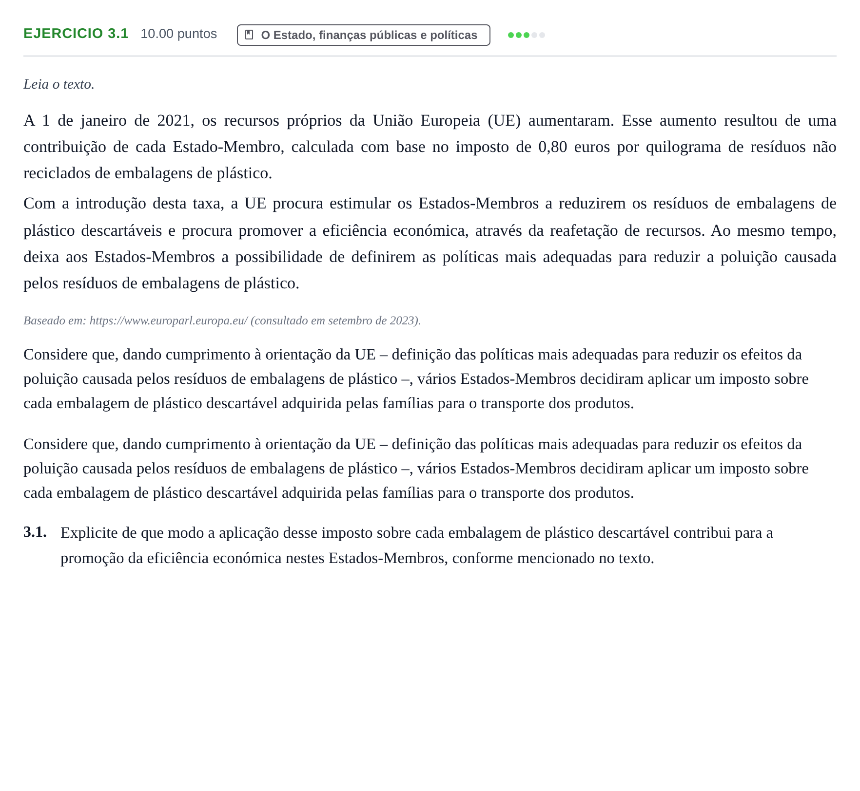 Enunciado: Exercício 3.1 · Exame Nacional Economia A 2.ª fase 2024