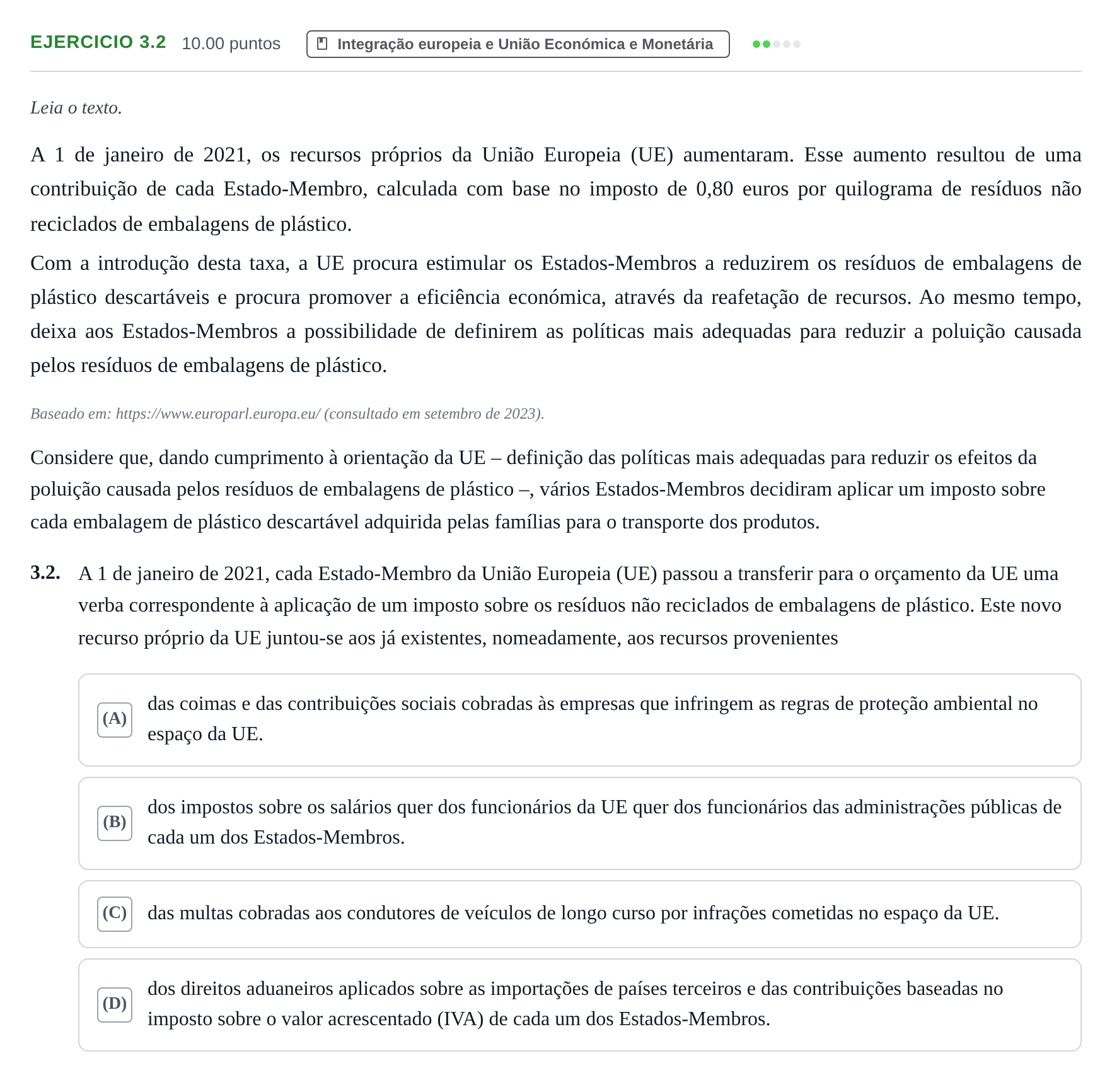 Enunciado: Exercício 3.2 · Exame Nacional Economia A 2.ª fase 2024
