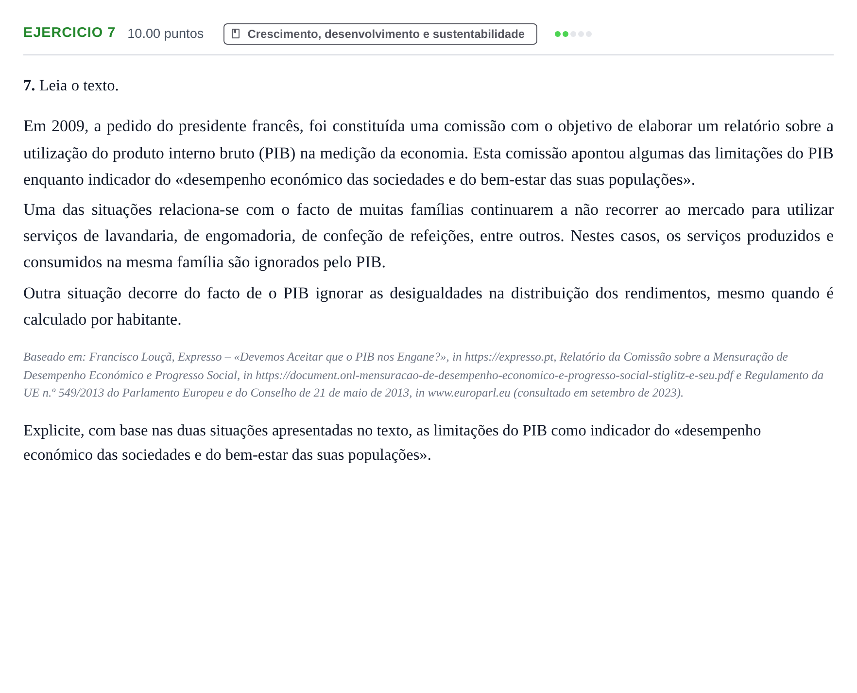 Enunciado: Exercício 7 · Exame Nacional Economia A 2.ª fase 2024