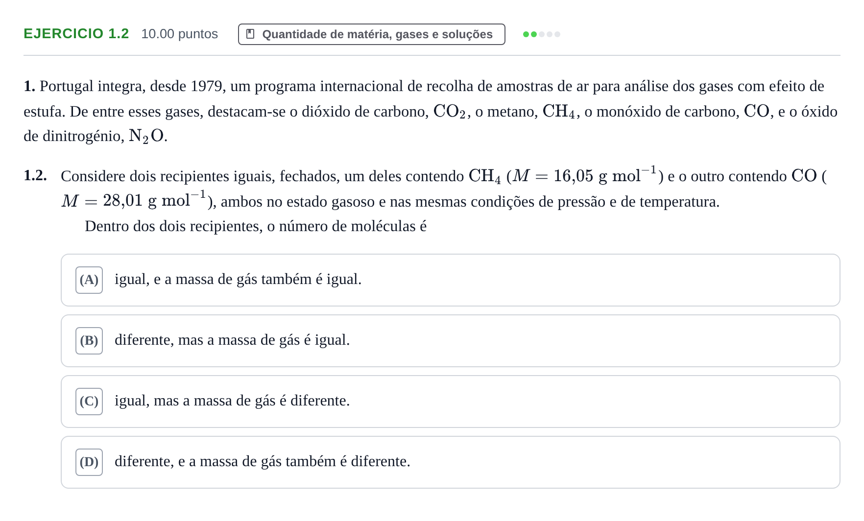 Enunciado: Exercício 1.2 · Exame Nacional Física e Química A Época especial 2024