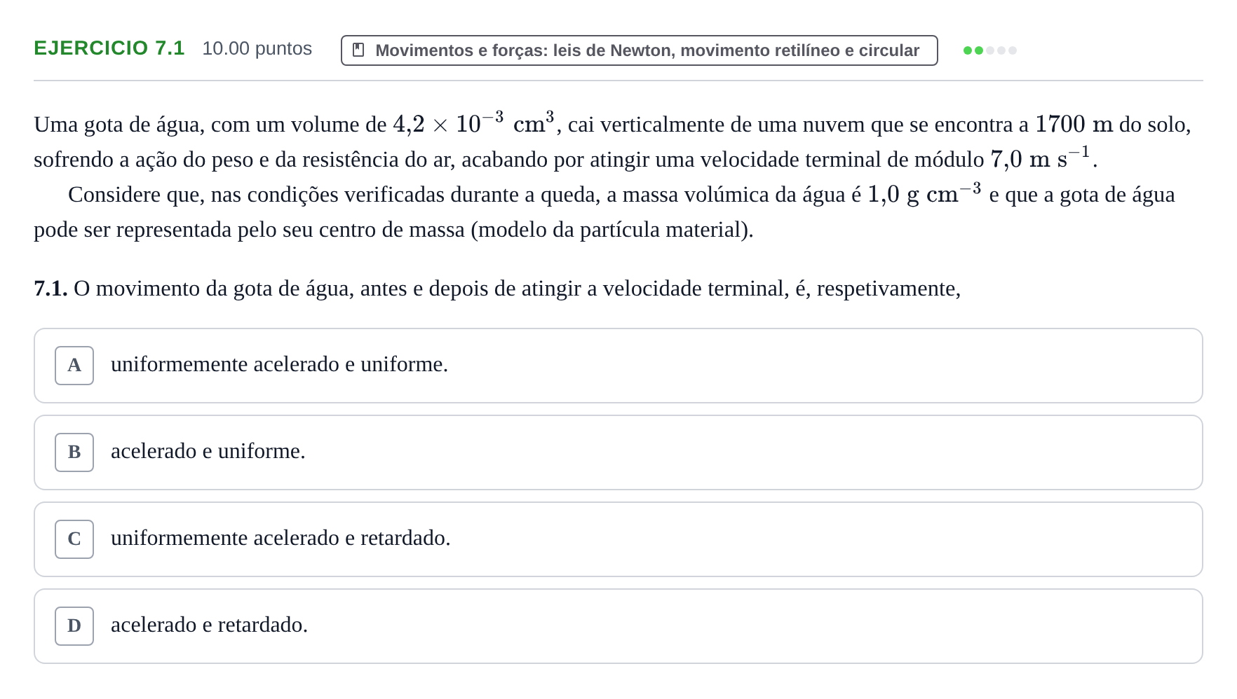 Enunciado: Exercício 7.1 · Exame Nacional Física e Química A Época especial 2024