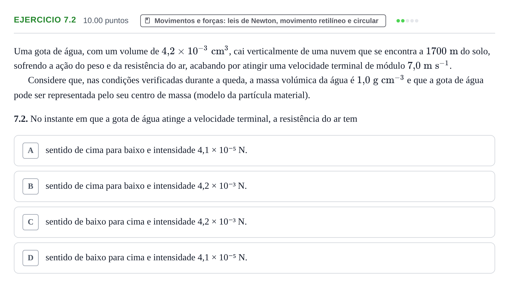 Enunciado: Exercício 7.2 · Exame Nacional Física e Química A Época especial 2024