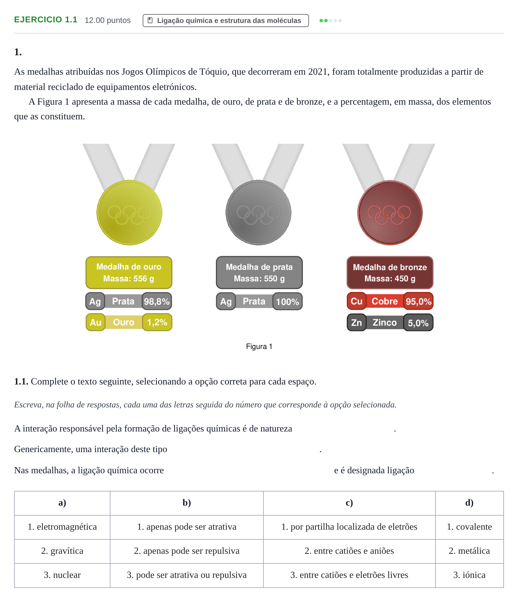 Enunciado: Exercício 1.1 · Exame Nacional Física e Química A 1.ª fase 2024