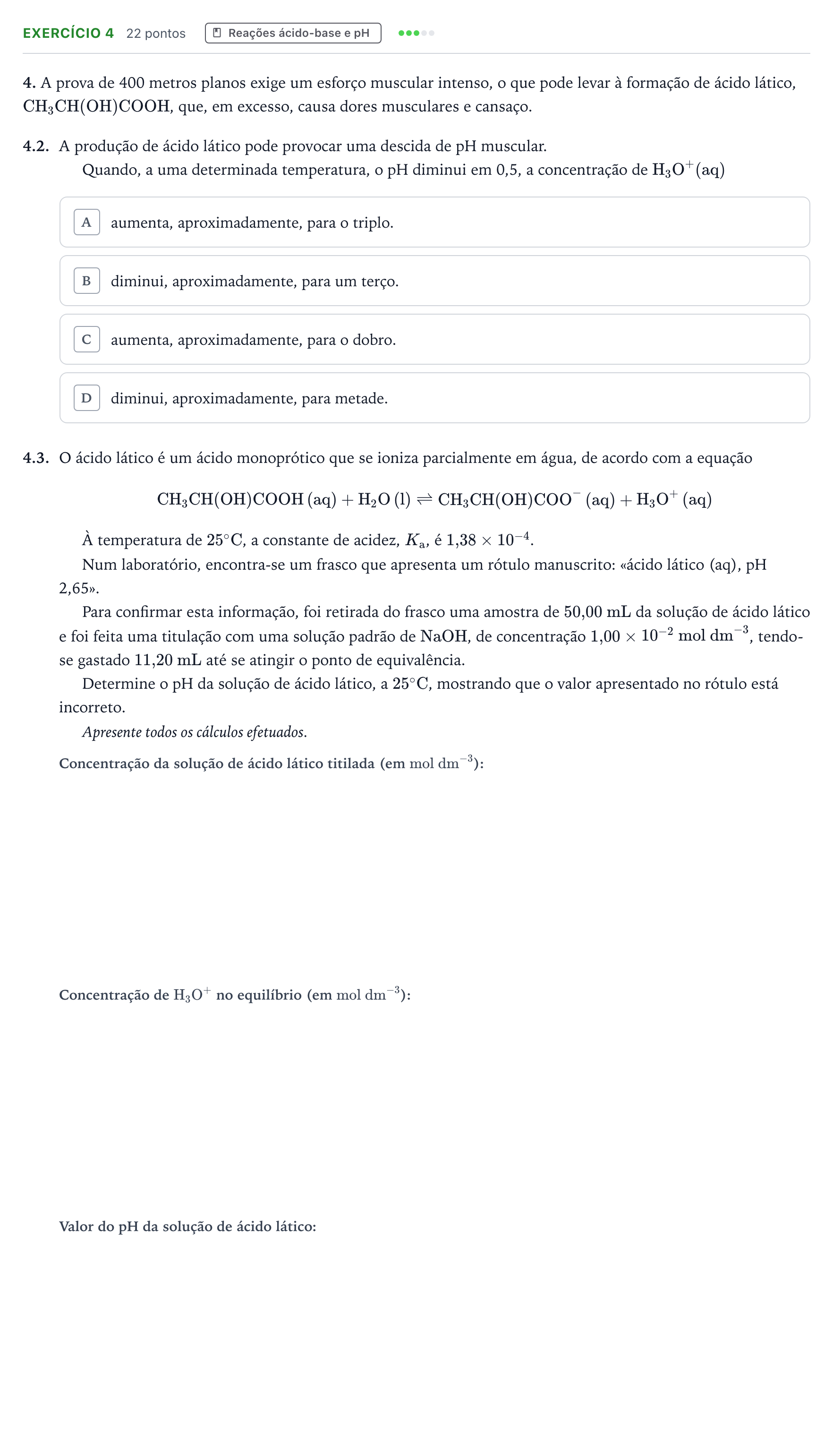 Enunciado: Exercício 4 - Reações ácido-base e pH · Exame Nacional Física e Química A 1.ª fase 2024