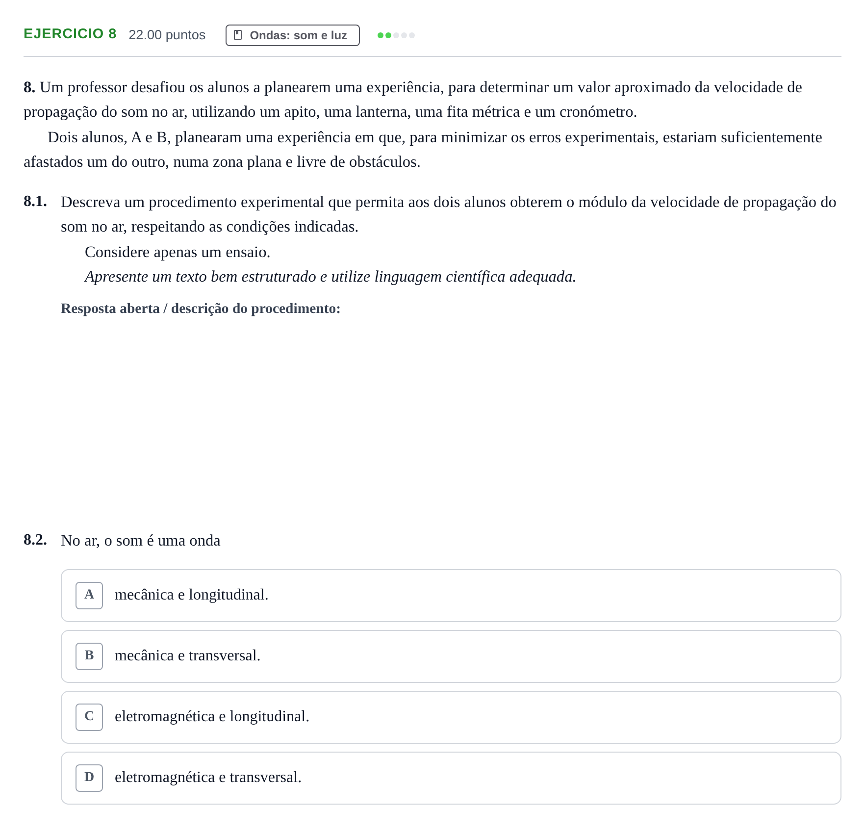 Enunciado: Exercício 8 · Exame Nacional Física e Química A 1.ª fase 2024