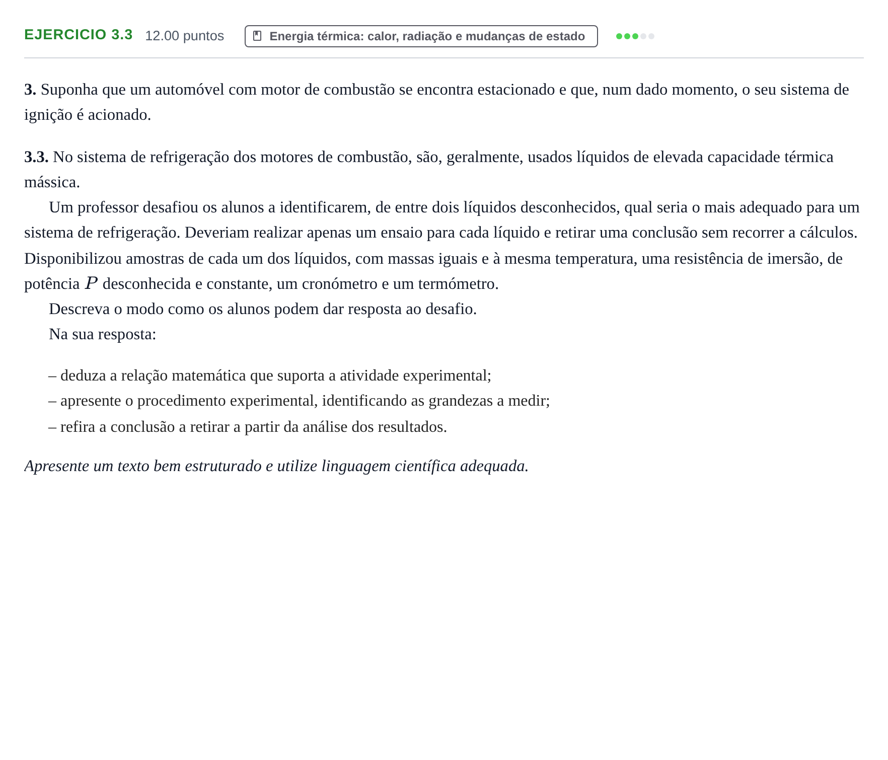 Enunciado: Exercício 3.3 · Exame Nacional Física e Química A 2.ª fase 2024