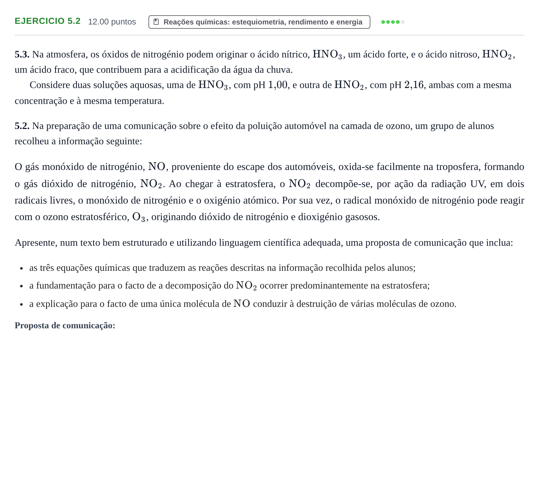 Enunciado: Exercício 5.2 · Exame Nacional Física e Química A 2.ª fase 2024