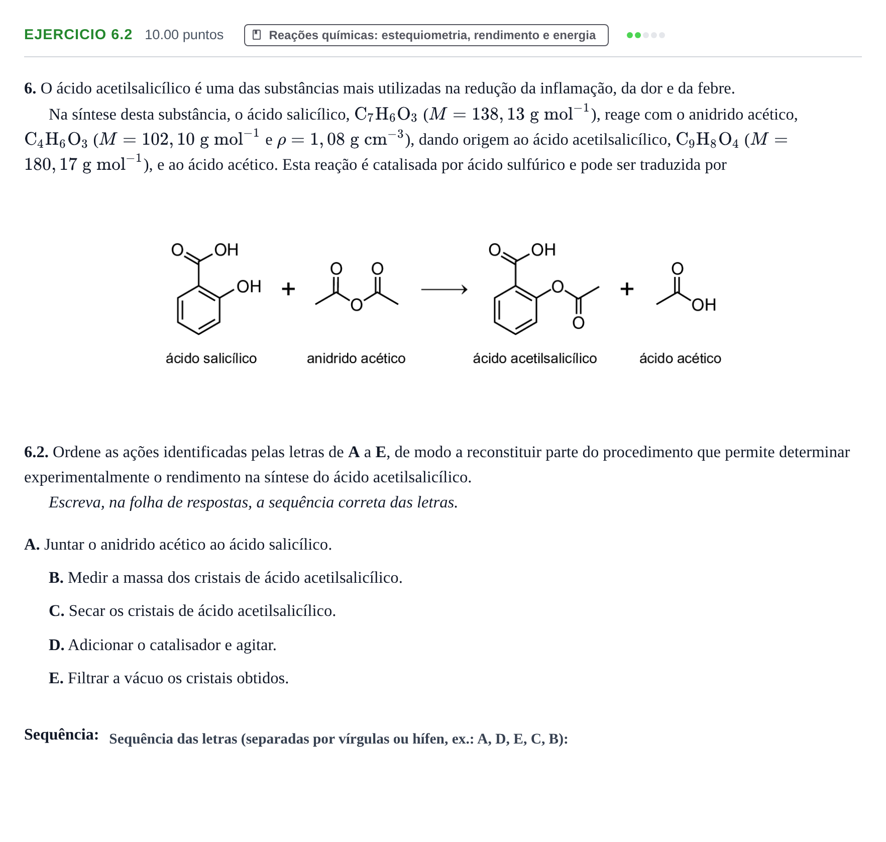 Enunciado: Exercício 6.2 · Exame Nacional Física e Química A 2.ª fase 2024