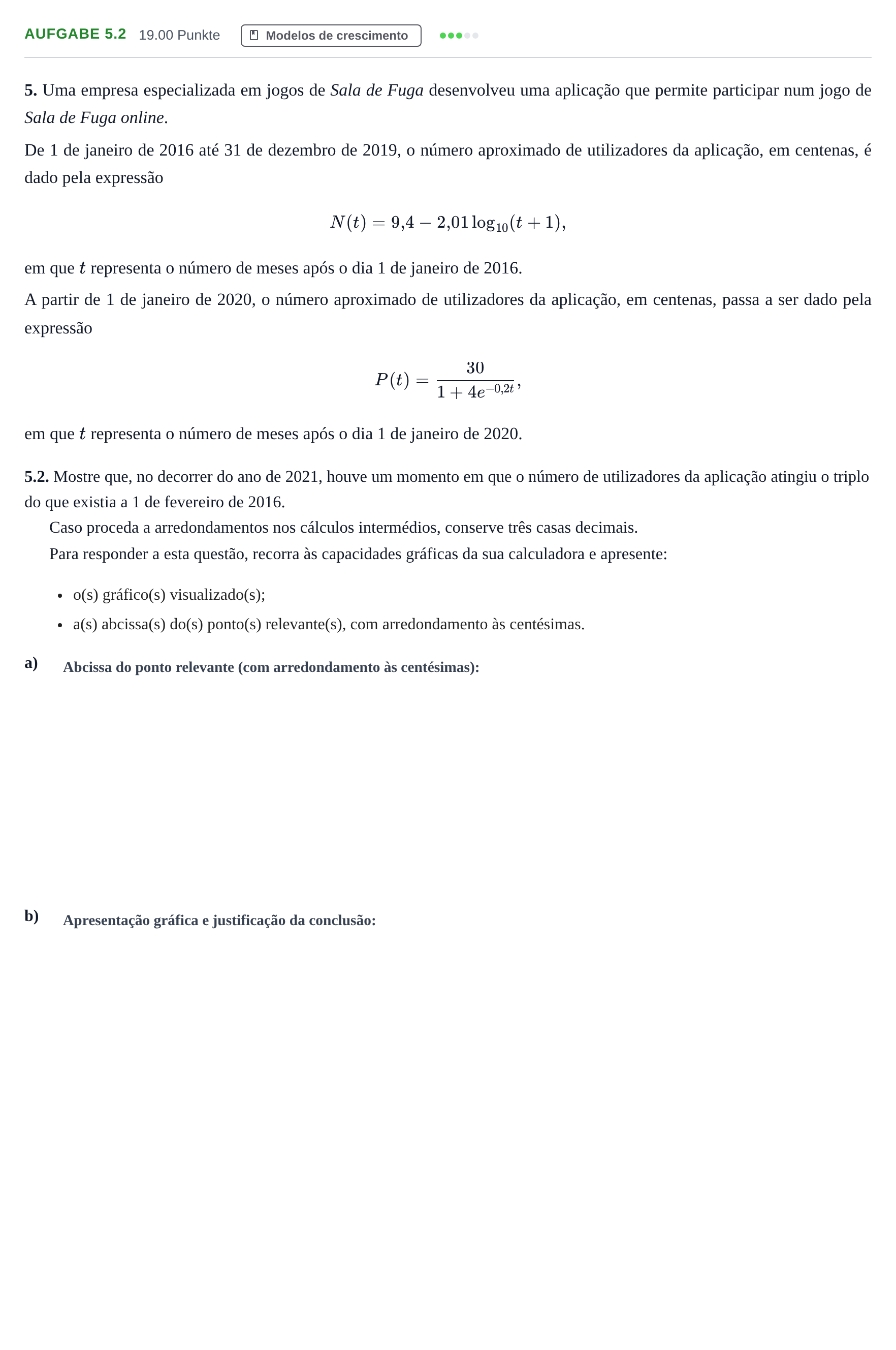 Enunciado: Exercício 5.2 · Exame Nacional Matemática Aplicada às Ciências Sociais 2.ª fase 2024