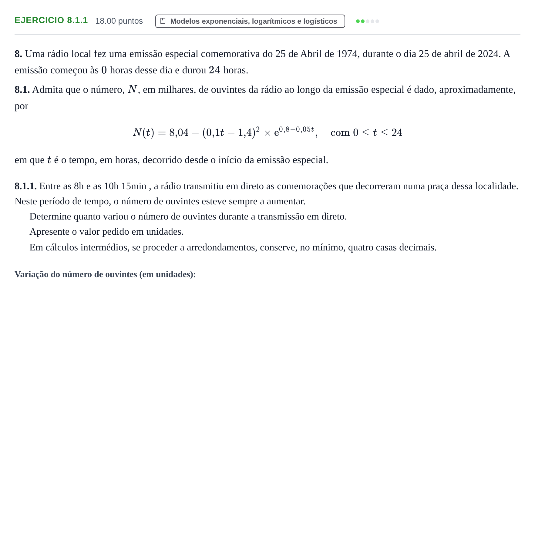 Enunciado: Exercício 8.1.1 · Exame Nacional Matemática B 2.ª fase 2024