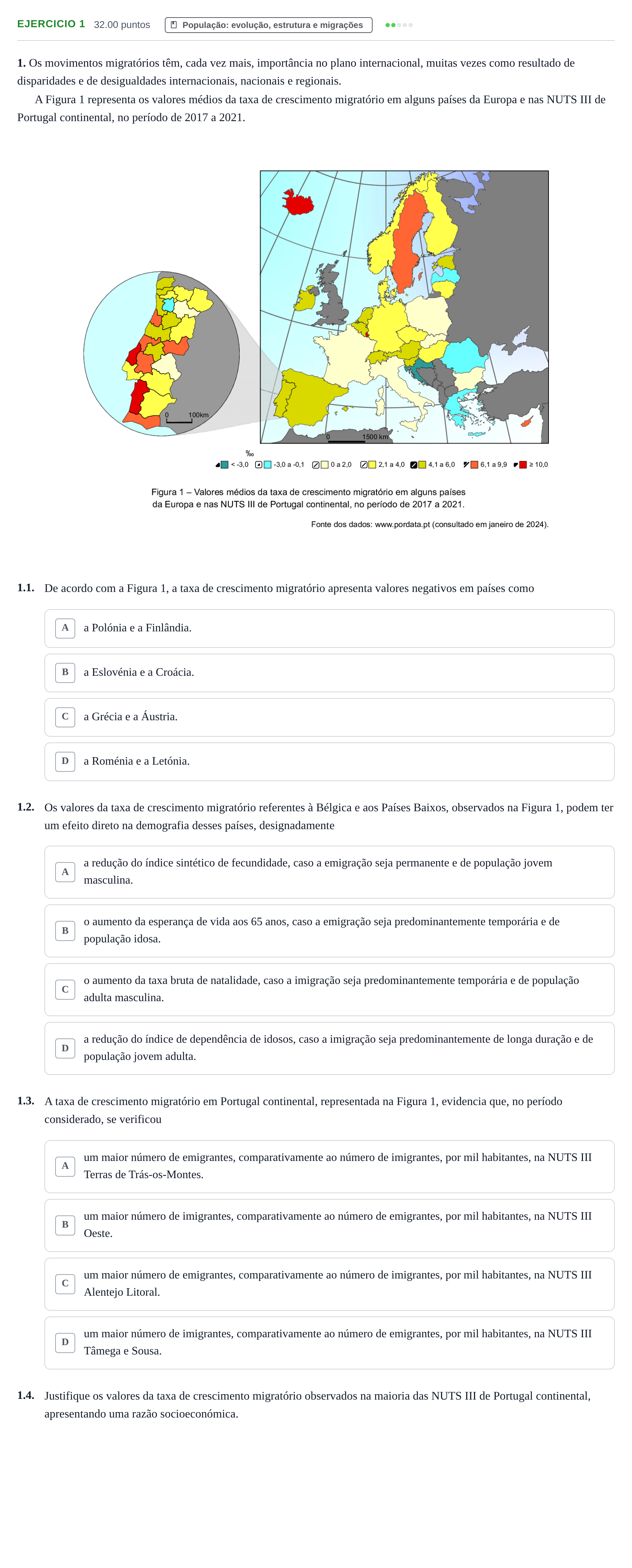 Enunciado: Exercício 1 - População: evolução, estrutura e migrações · Exame Nacional Geografia A 2.ª fase 2024