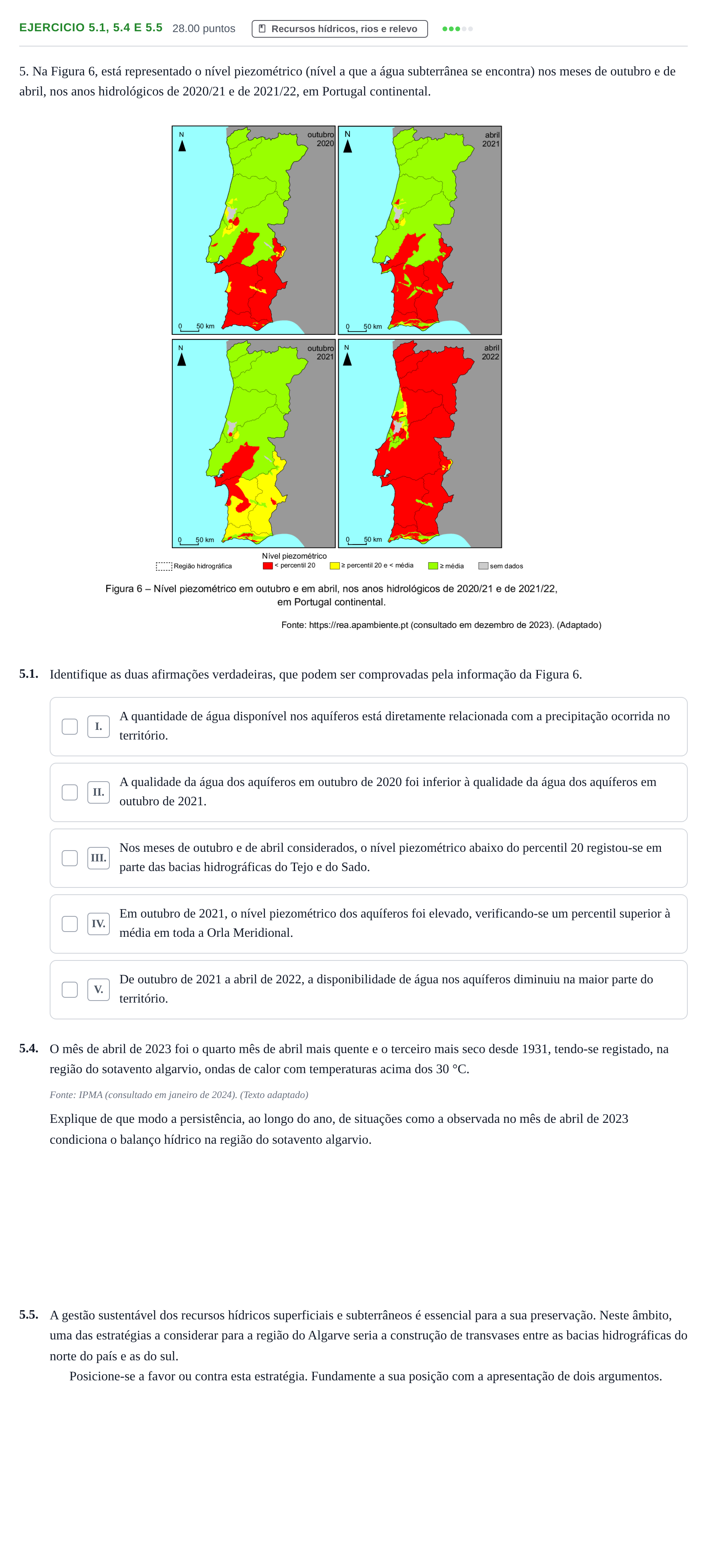 Enunciado: Exercício 5.1, 5.4 e 5.5 - Recursos hídricos, rios e relevo · Exame Nacional Geografia A Época especial 2024