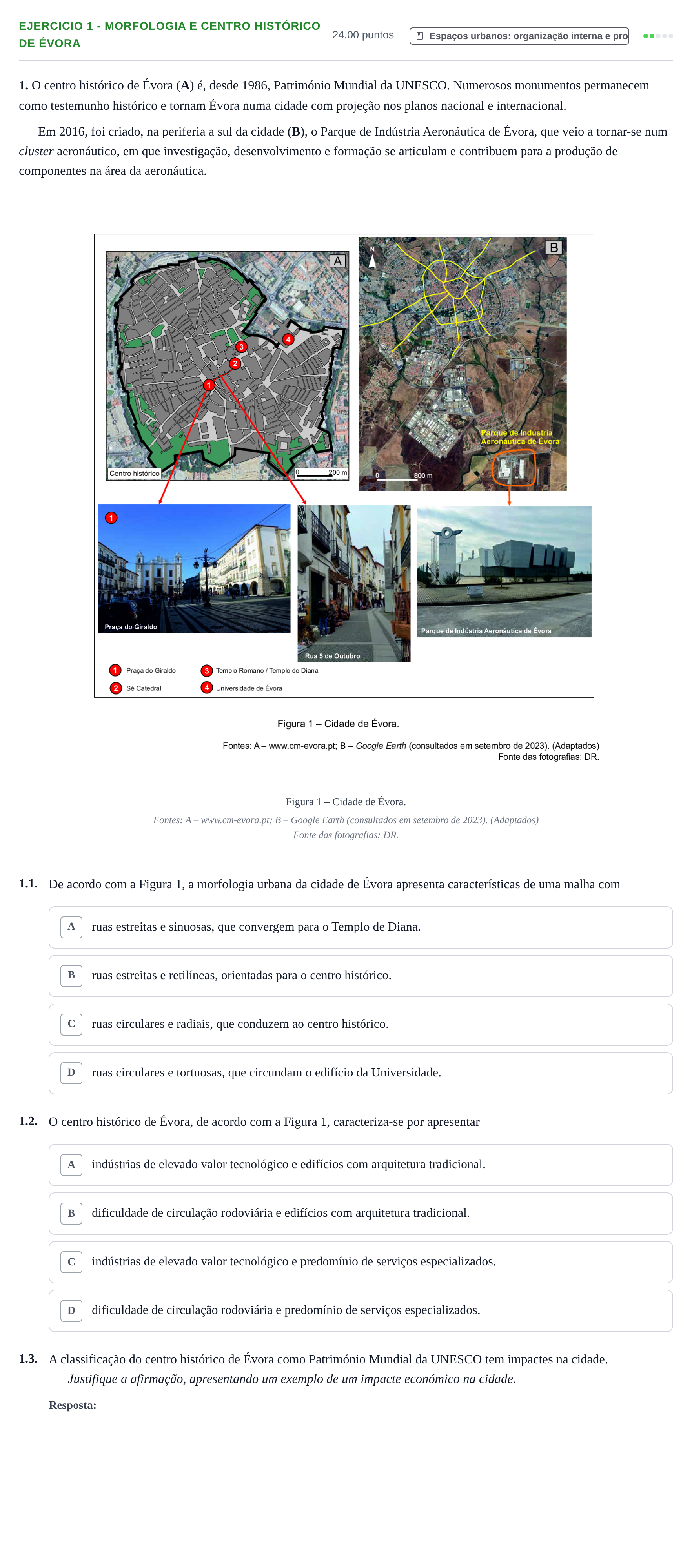 Enunciado: Exercício 1 - Morfologia e Centro Histórico de Évora · Exame Nacional Geografia A 1.ª fase 2024