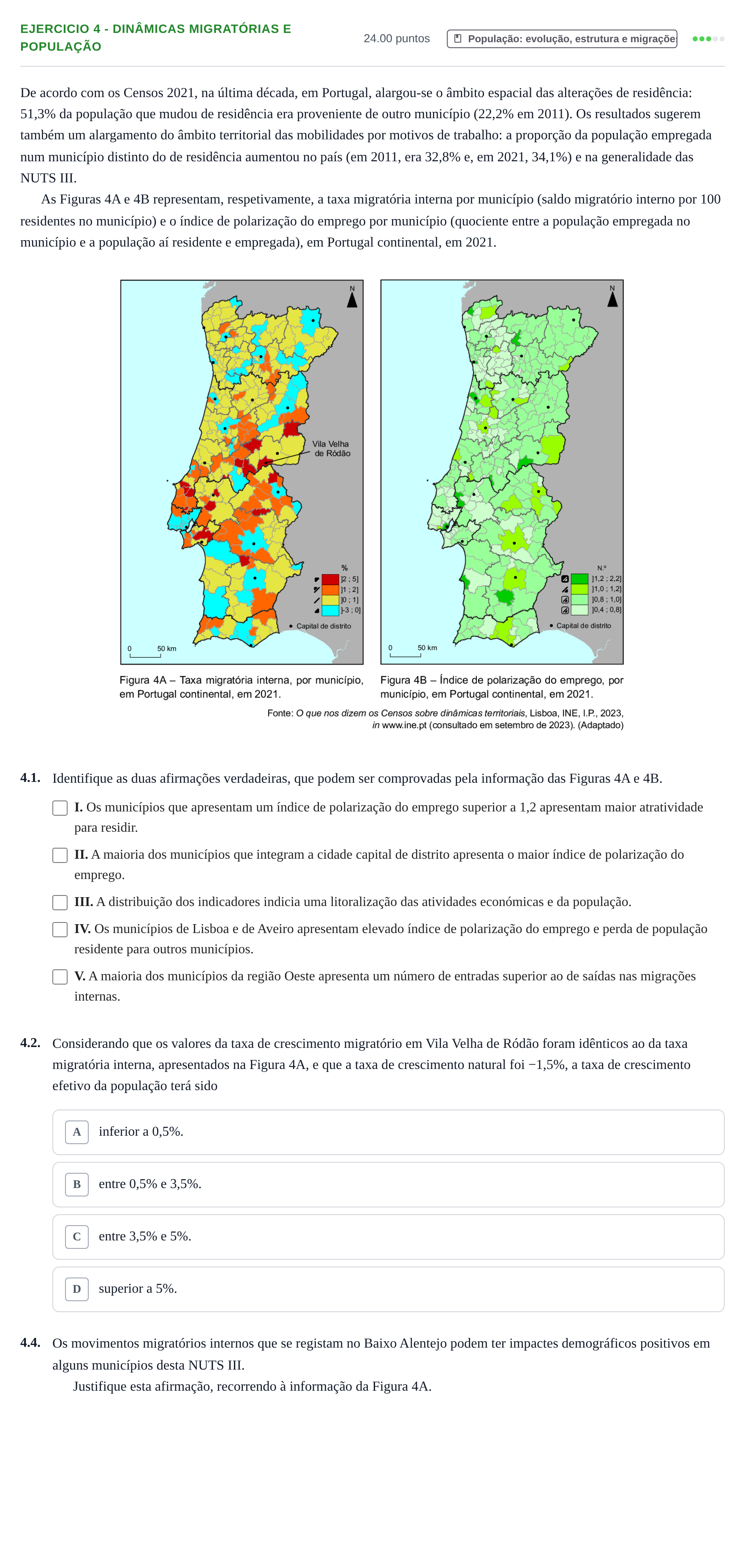 Enunciado: Exercício 4 - Dinâmicas Migratórias e População · Exame Nacional Geografia A 1.ª fase 2024