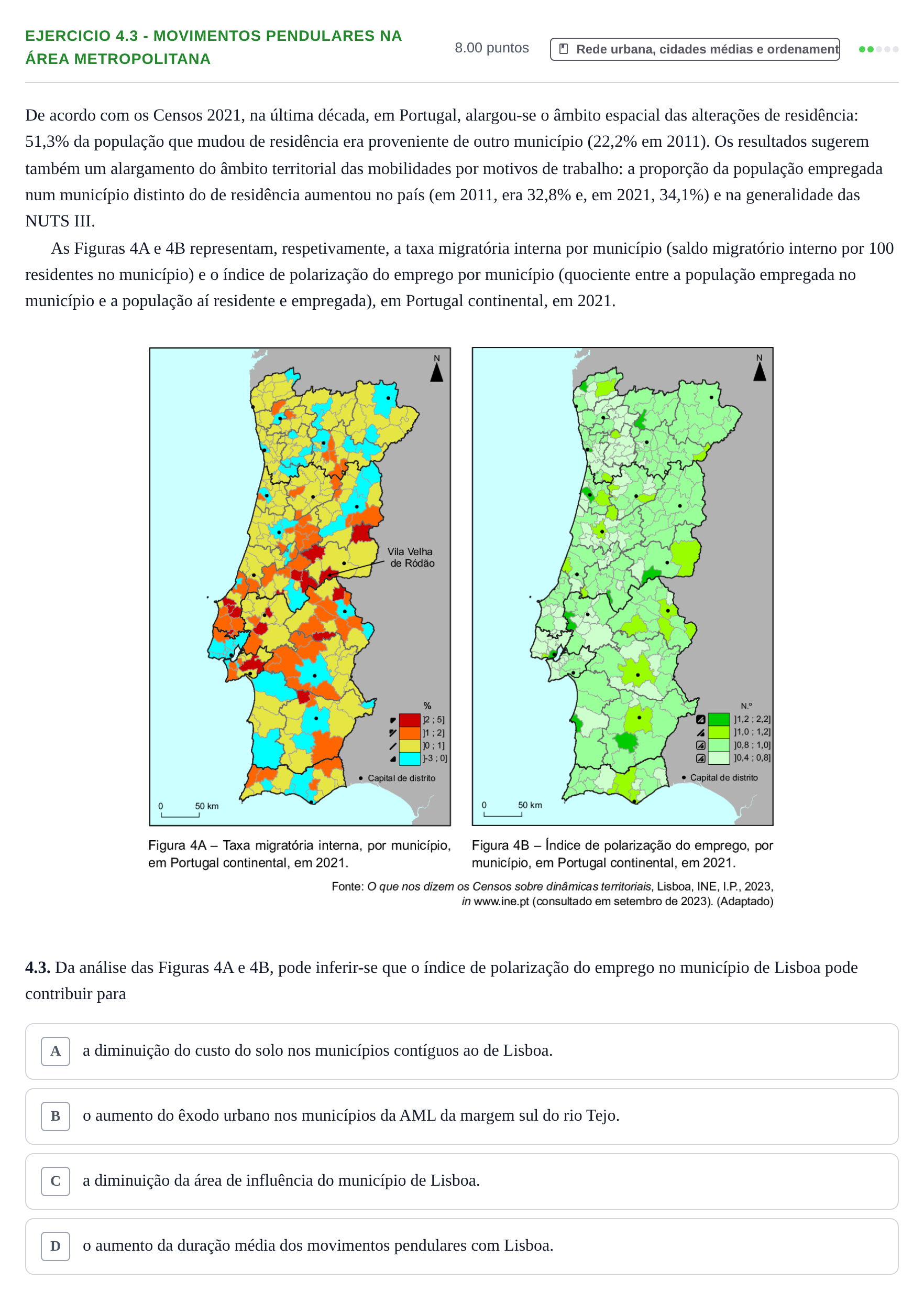 Enunciado: Exercício 4.3 - Movimentos Pendulares na Área Metropolitana · Exame Nacional Geografia A 1.ª fase 2024