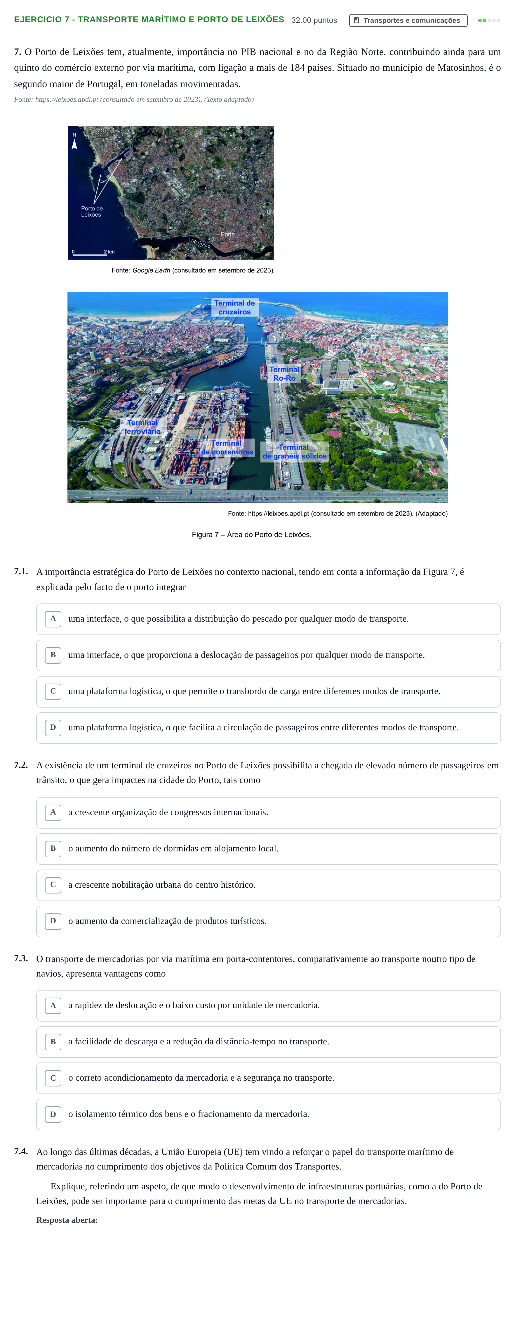 Enunciado: Exercício 7 - Transporte Marítimo e Porto de Leixões · Exame Nacional Geografia A 1.ª fase 2024