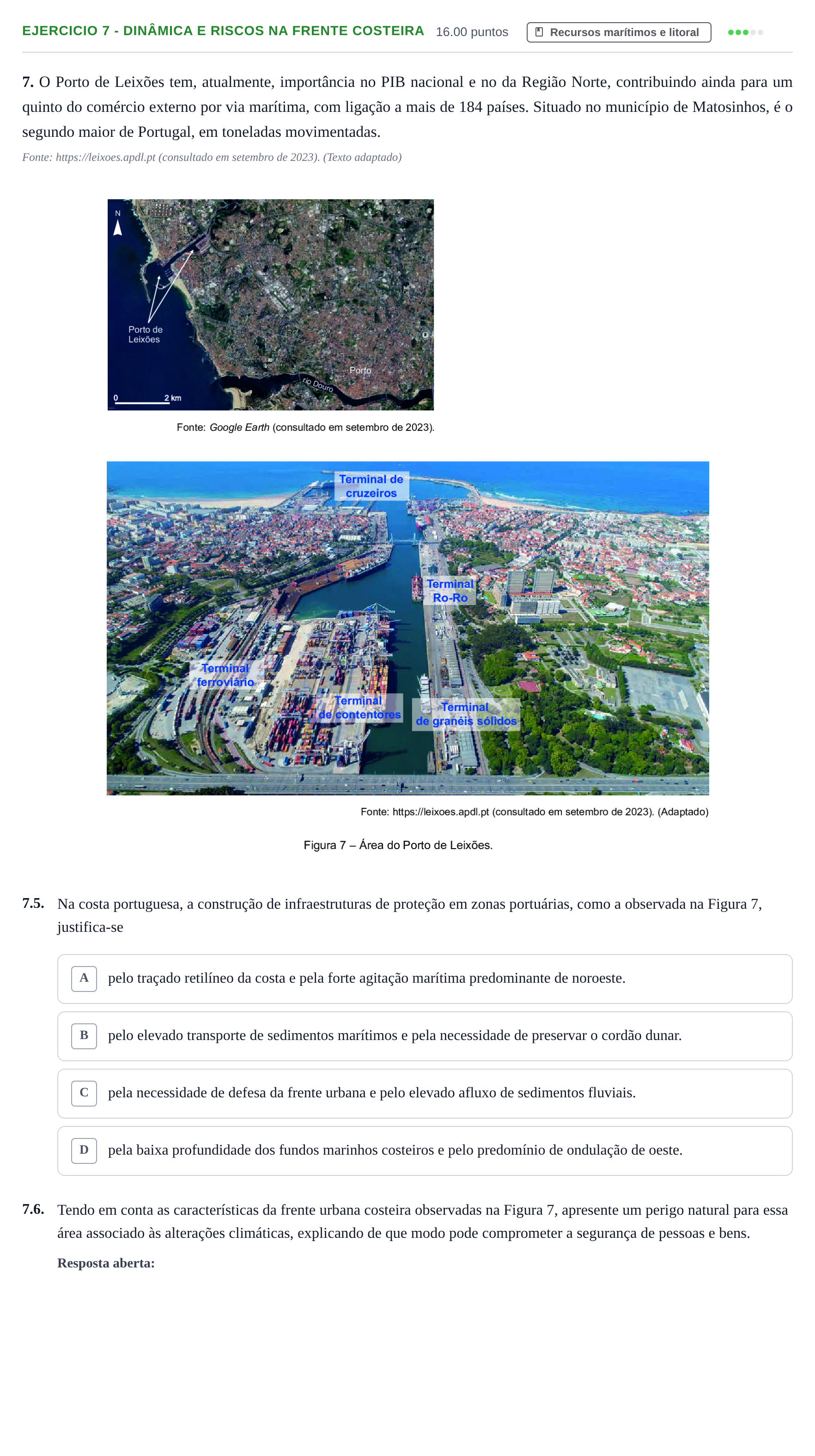 Enunciado: Exercício 7 - Dinâmica e Riscos na Frente Costeira · Exame Nacional Geografia A 1.ª fase 2024