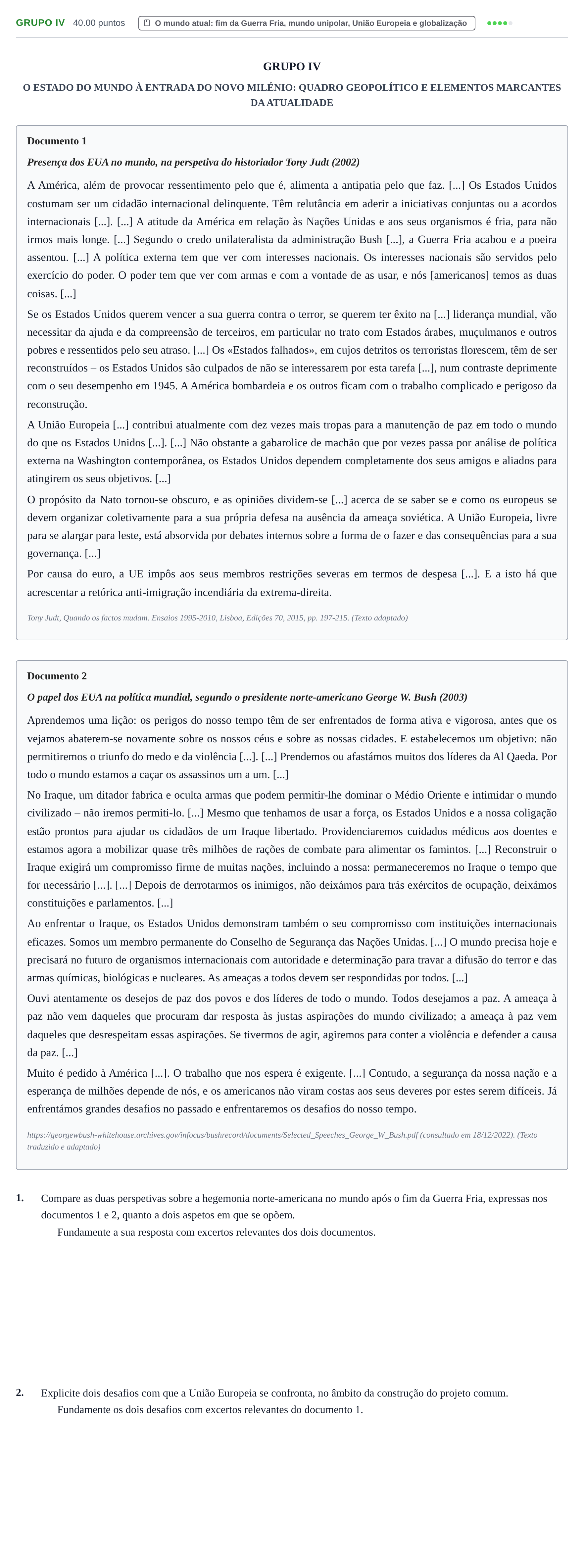 Enunciado: Grupo IV · Exame Nacional História A Época especial 2023