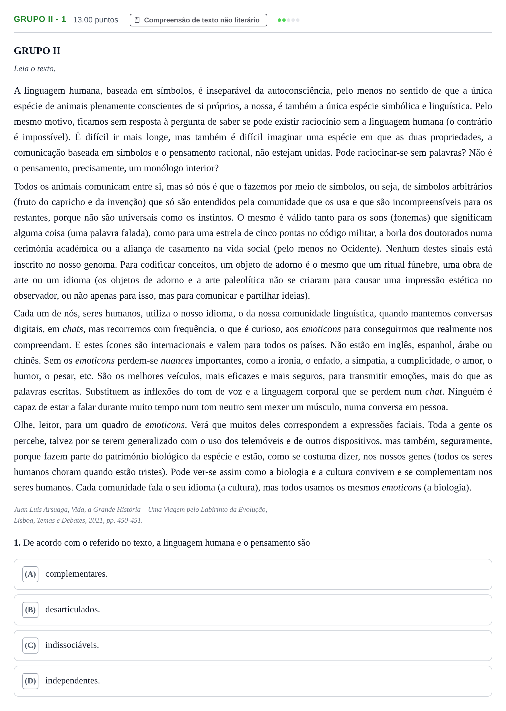 Enunciado: Grupo II - 1 · Exame Nacional Português Época especial 2023