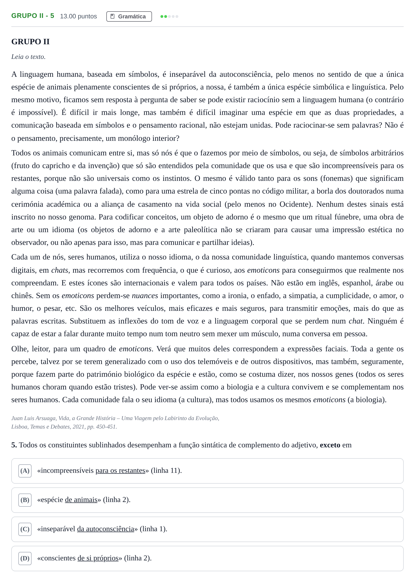 Enunciado: Grupo II - 5 · Exame Nacional Português Época especial 2023