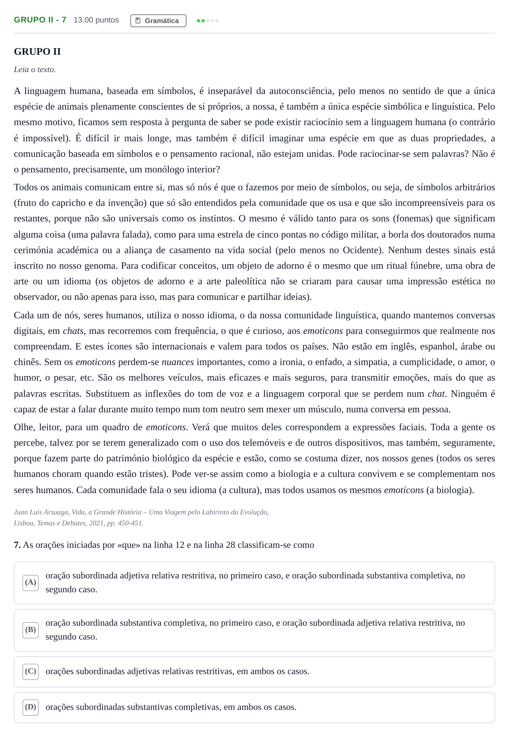 Enunciado: Grupo II - 7 · Exame Nacional Português Época especial 2023