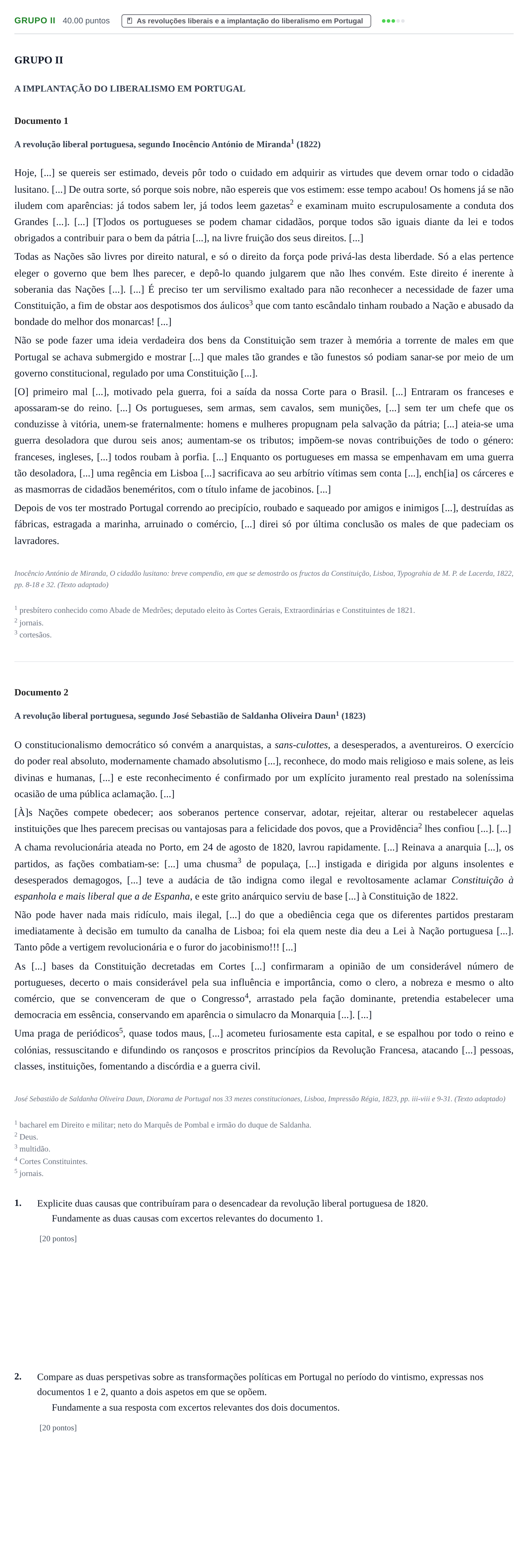 Enunciado: Grupo II · Exame Nacional História A 1.ª fase 2023