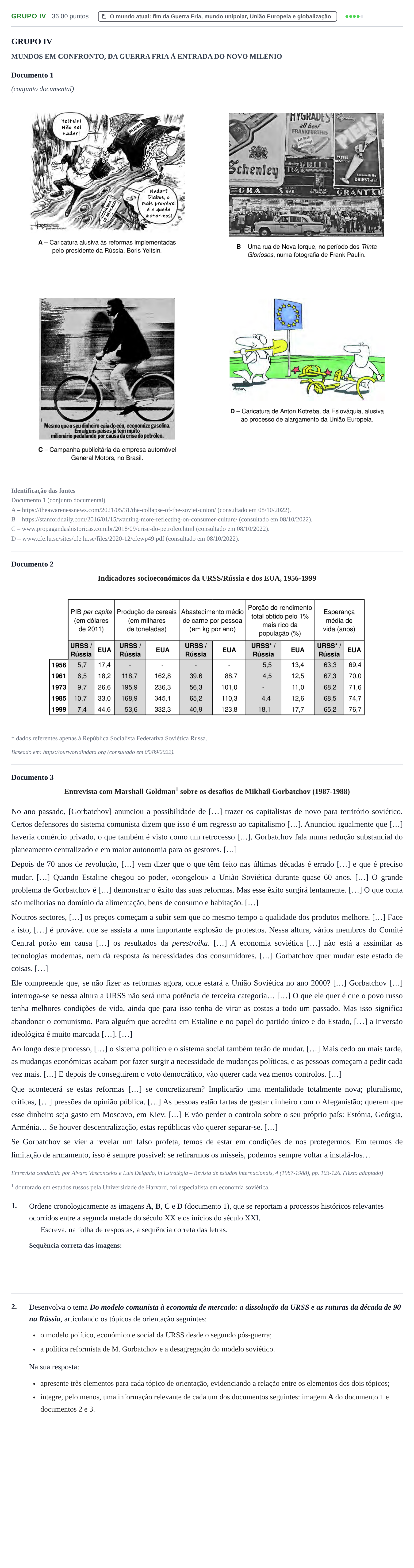 Enunciado: Grupo IV · Exame Nacional História A 1.ª fase 2023
