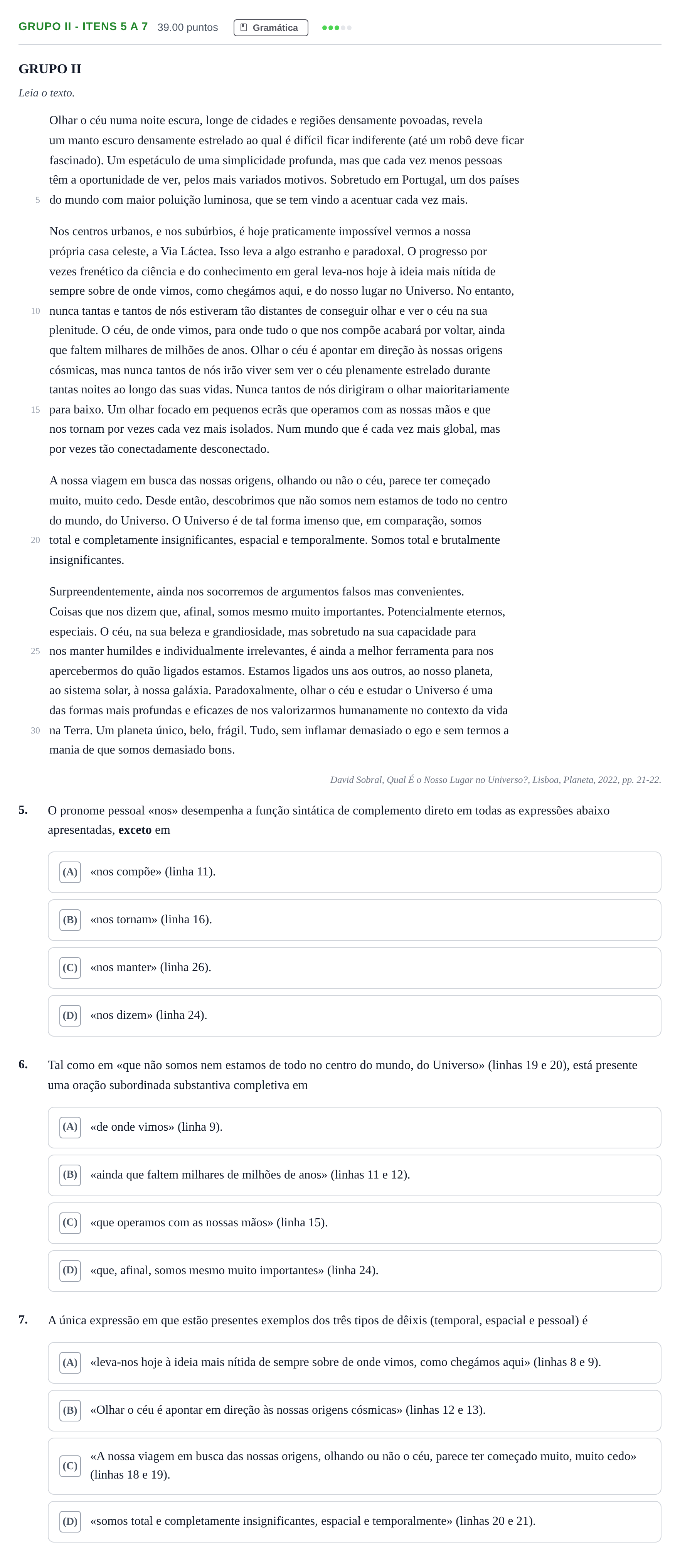 Enunciado: Grupo II - Itens 5 a 7 · Exame Nacional Português 1.ª fase 2023