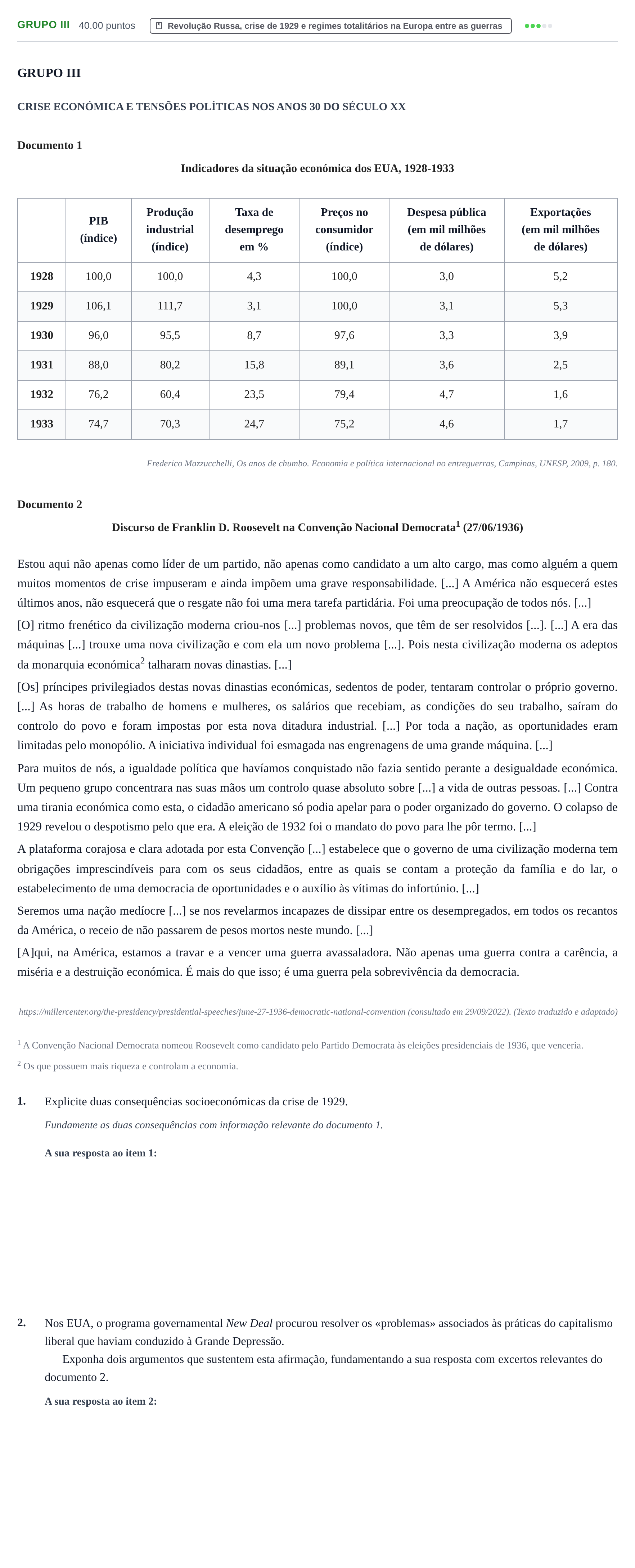 Enunciado: Grupo III · Exame Nacional História A 2.ª fase 2023