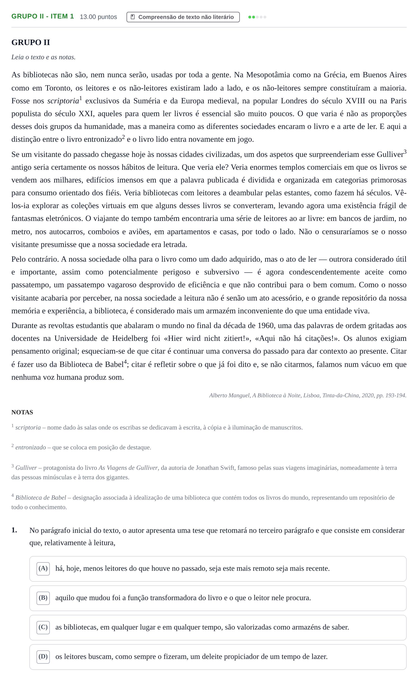 Enunciado: Grupo II - Item 1 · Exame Nacional Português 2.ª fase 2023
