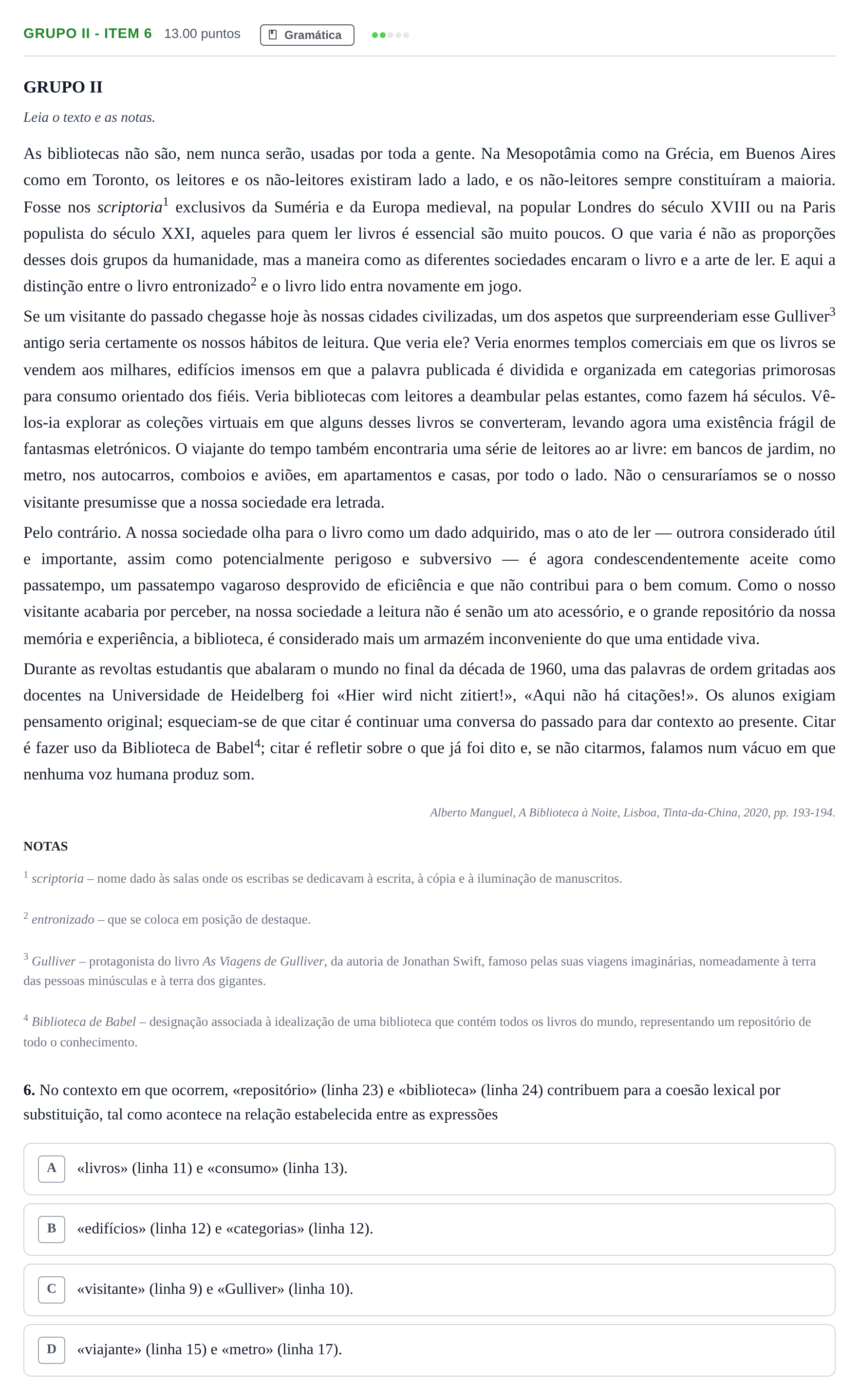 Enunciado: Grupo II - Item 6 · Exame Nacional Português 2.ª fase 2023