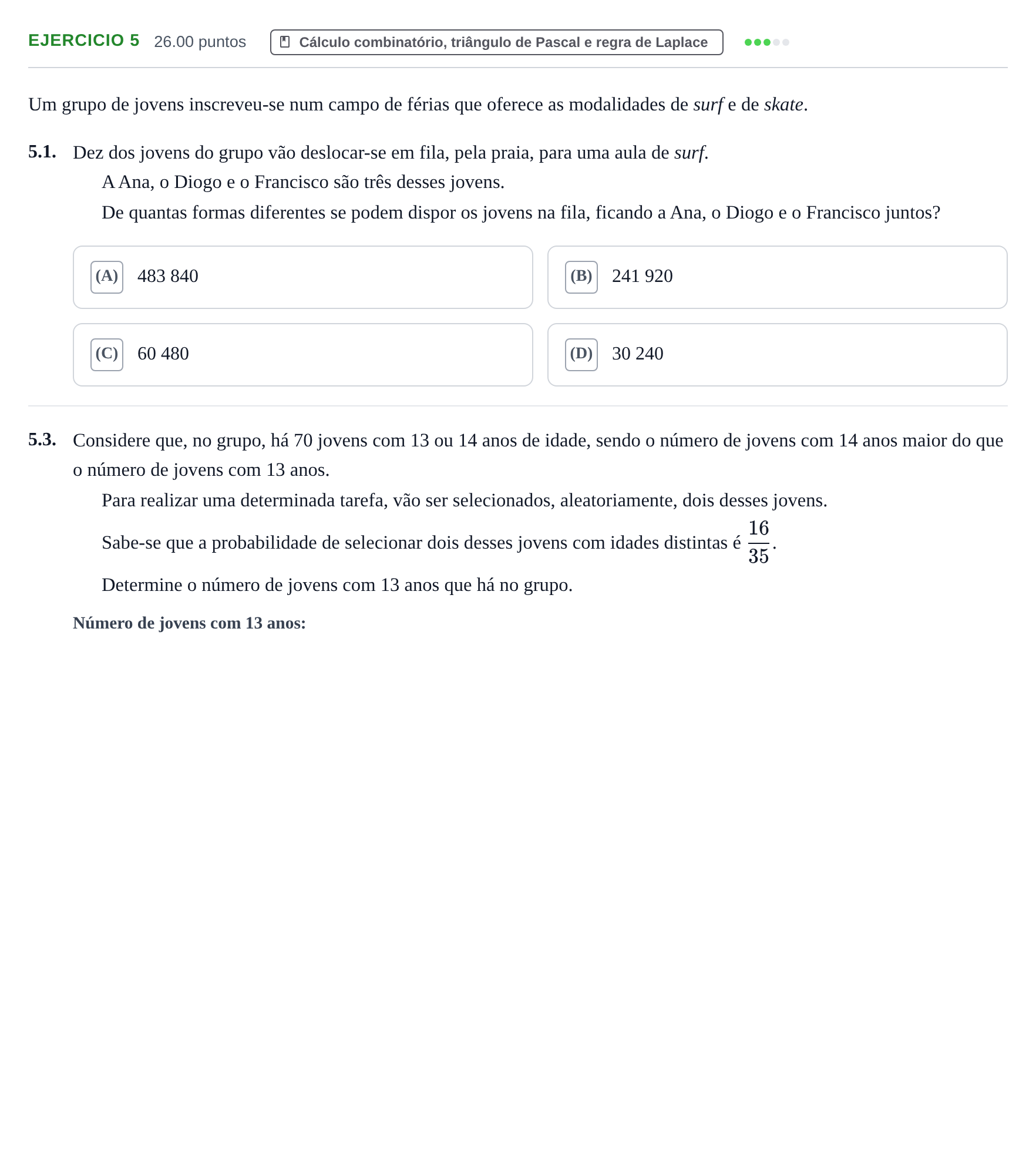 Enunciado: Exercício 5 - Cálculo combinatório · Exame Nacional Matemática A 1.ª fase 2023