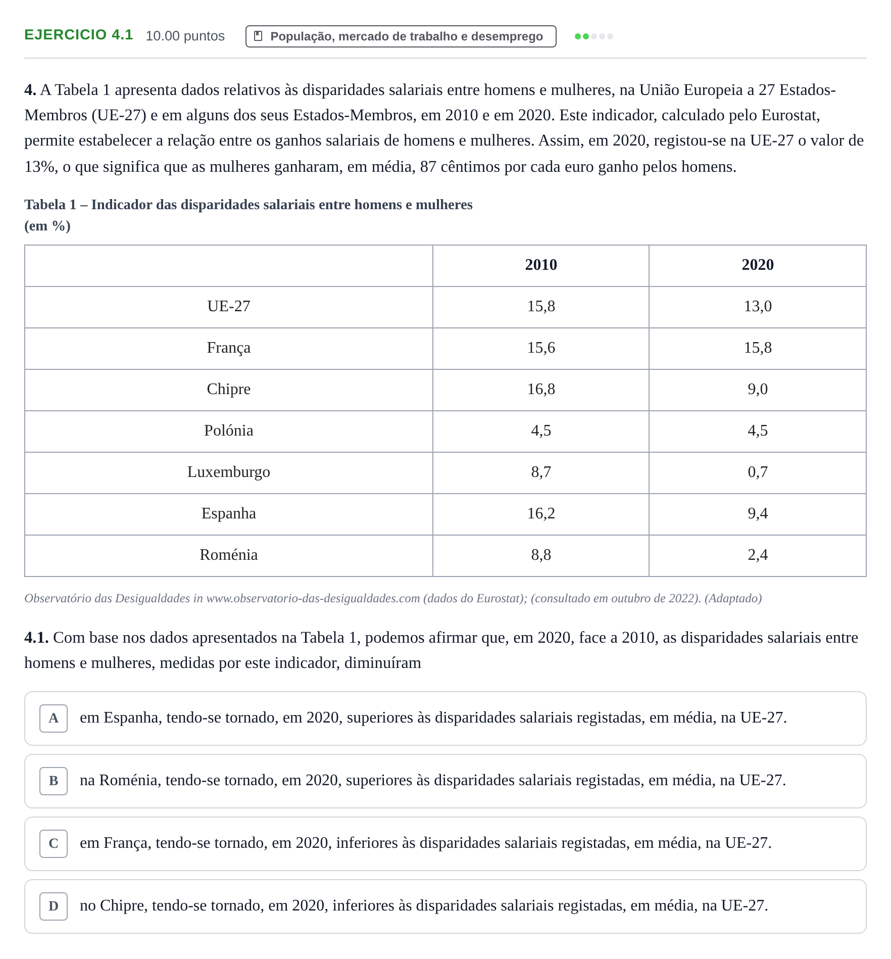 Enunciado: Exercício 4.1 · Exame Nacional Economia A 1.ª fase 2023