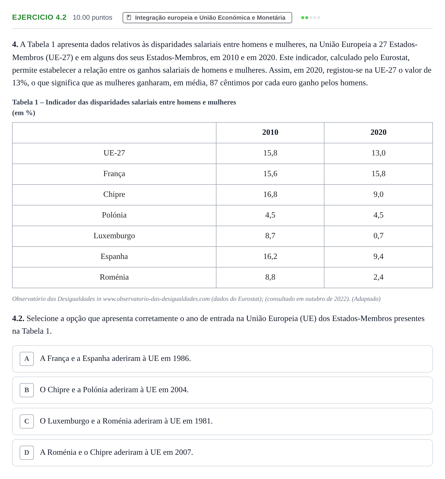 Enunciado: Exercício 4.2 · Exame Nacional Economia A 1.ª fase 2023
