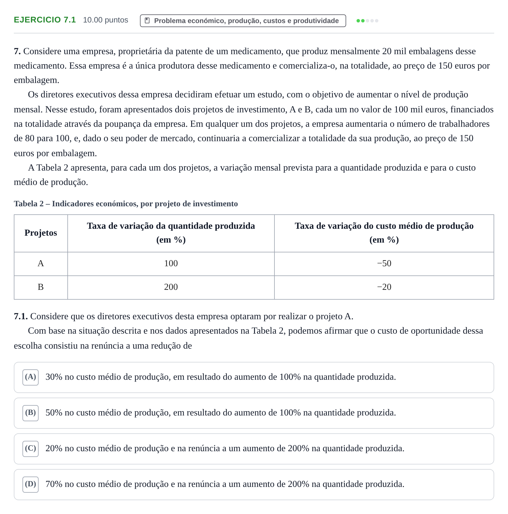 Enunciado: Exercício 7.1 · Exame Nacional Economia A 1.ª fase 2023