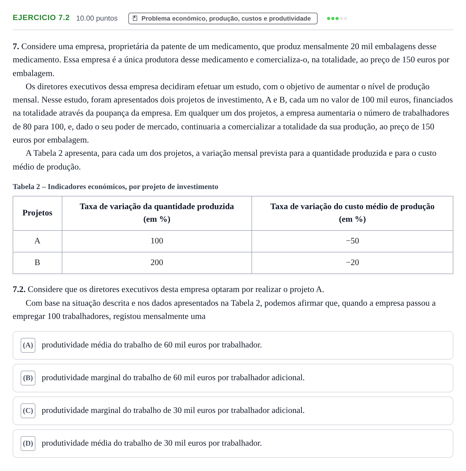 Enunciado: Exercício 7.2 · Exame Nacional Economia A 1.ª fase 2023