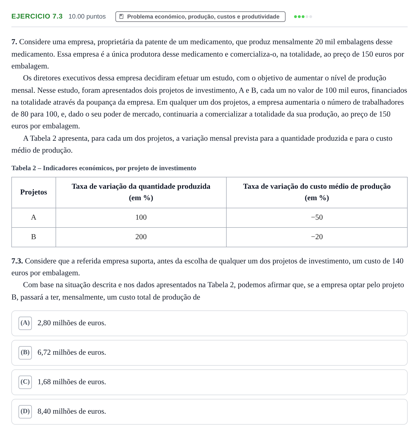 Enunciado: Exercício 7.3 · Exame Nacional Economia A 1.ª fase 2023