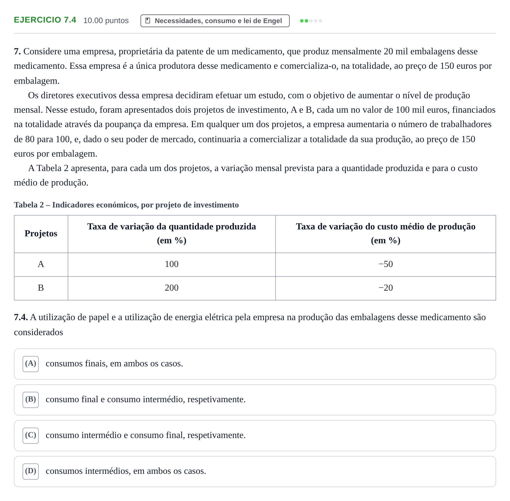Enunciado: Exercício 7.4 · Exame Nacional Economia A 1.ª fase 2023